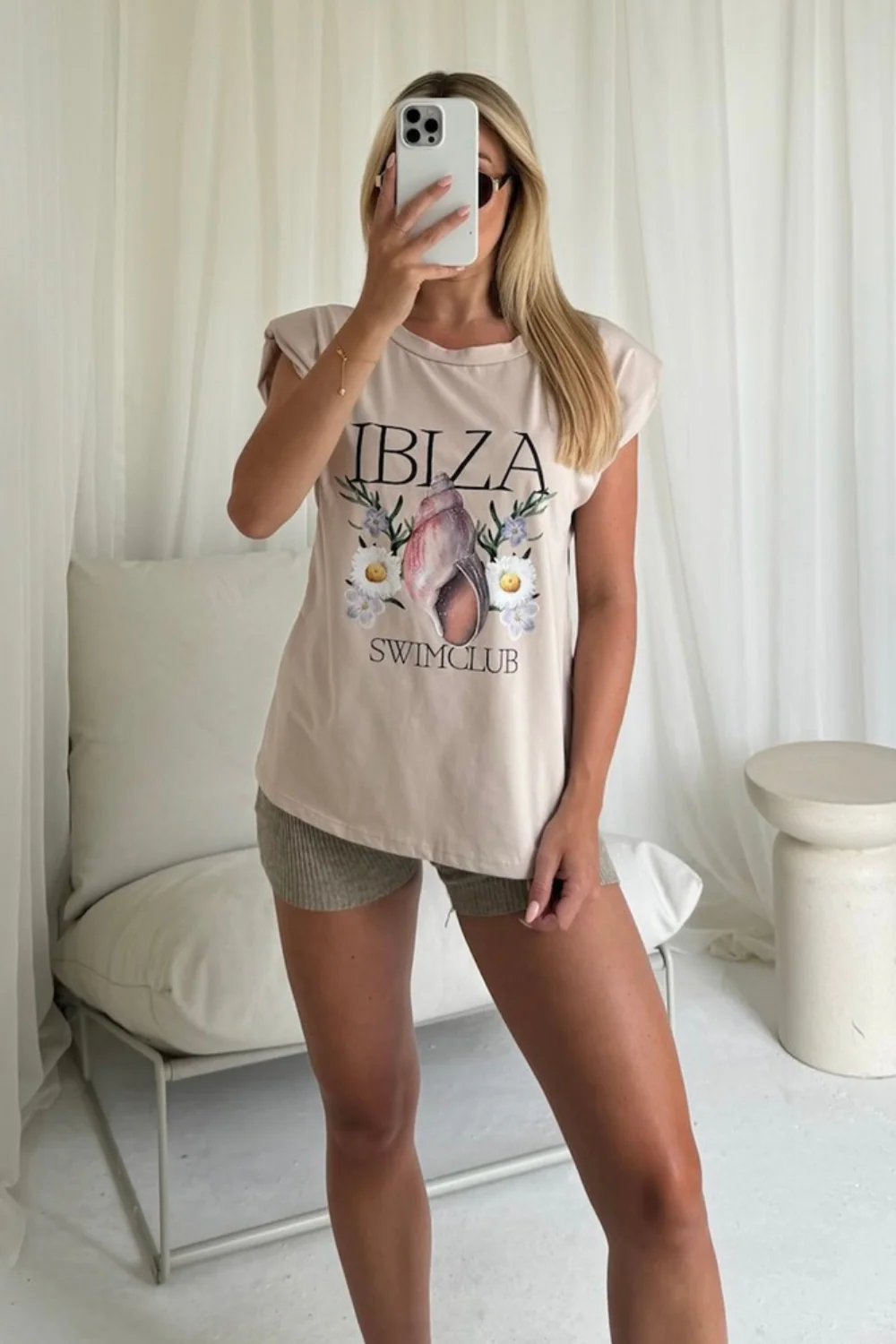 Ibiza swim printed stone shoulder pad t-shirt