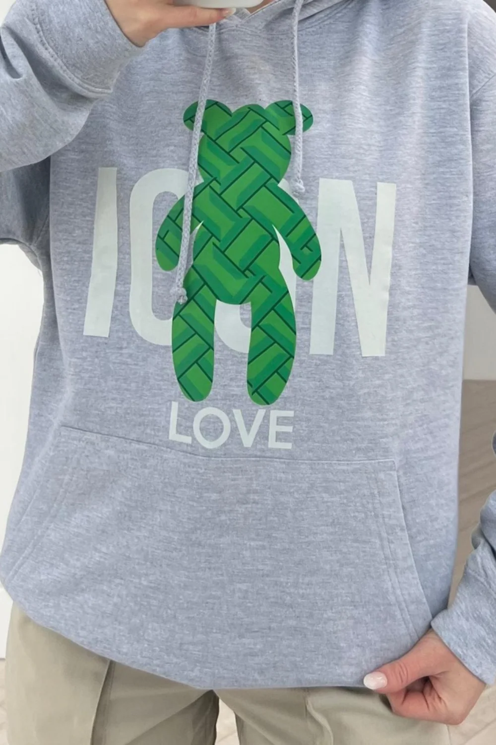 icon teddy grey & green printed draw string hoodie - Image 3