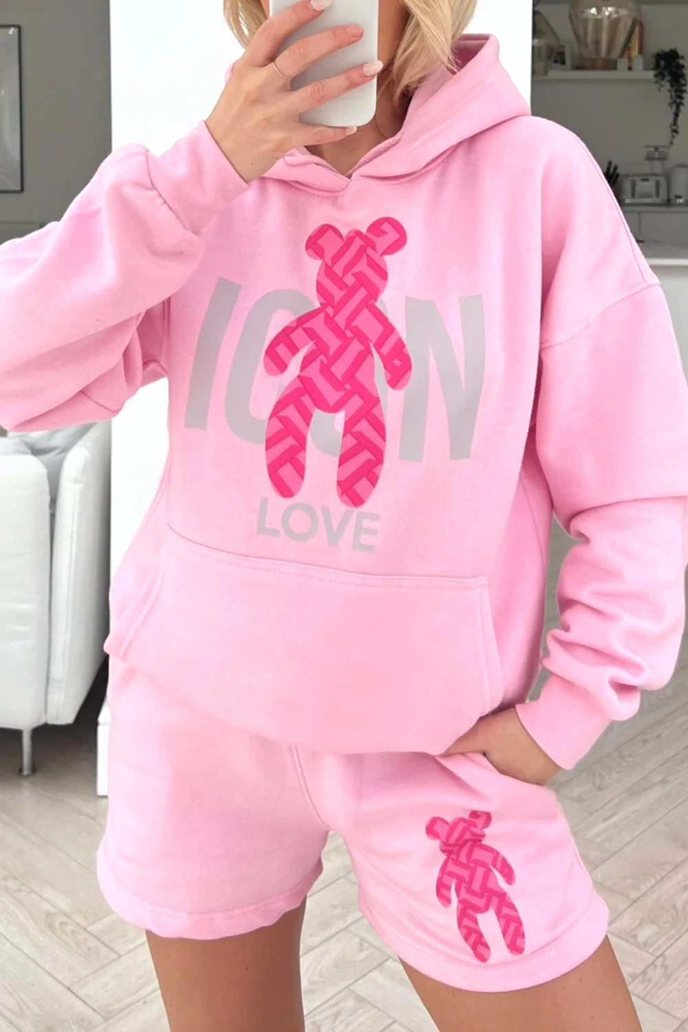 Icon teddy pink hoodie short loungewear set - Image 3