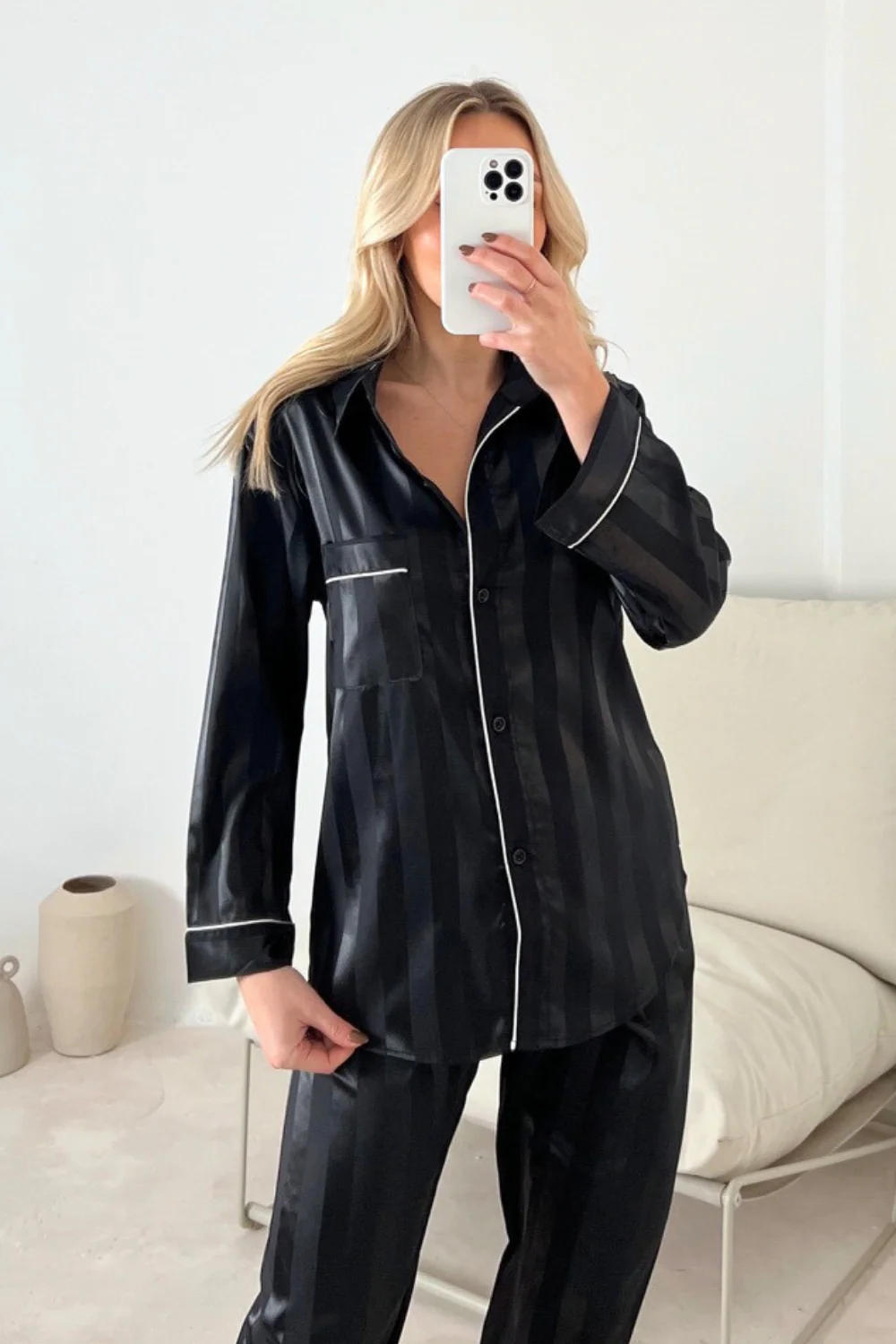 Aurora black striped satin button up pyjamas - Image 3