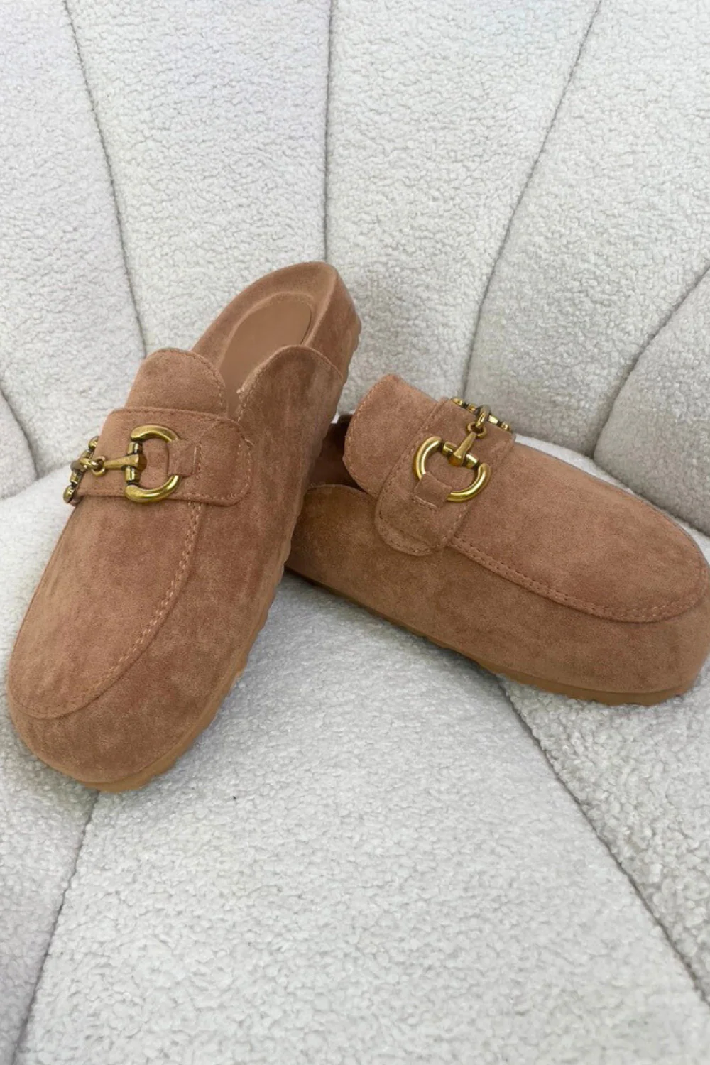 Isabella camel faux suede buckle mules - Image 3