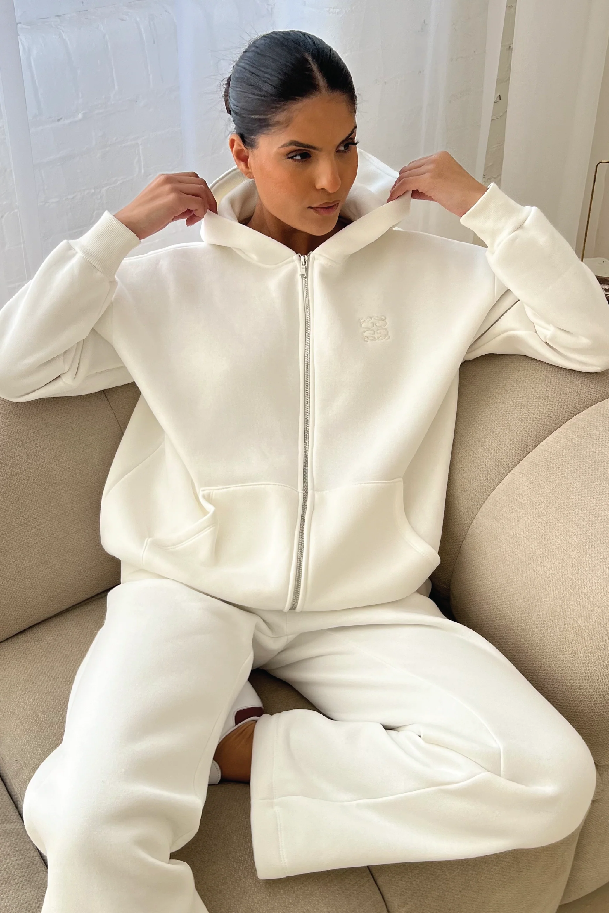 Ivory embroidered logo zip hoodie