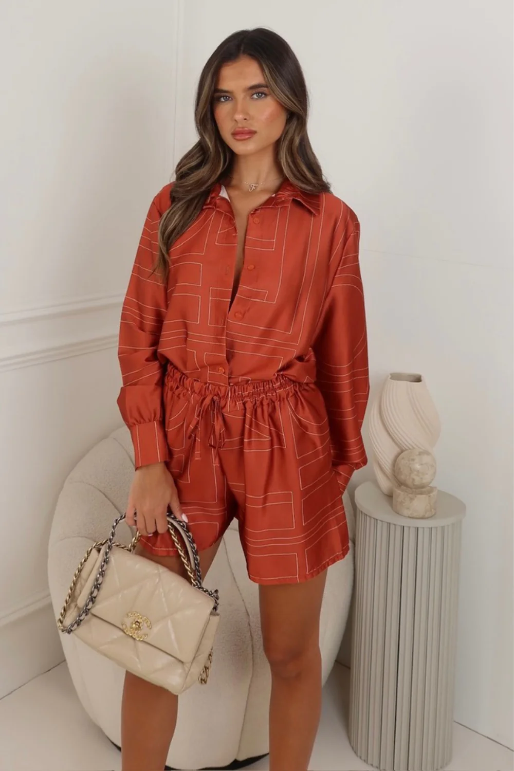 IVY RUST SATIN GEOMETRIC PRINT SHORTS CO ORD TWO PIECE SET