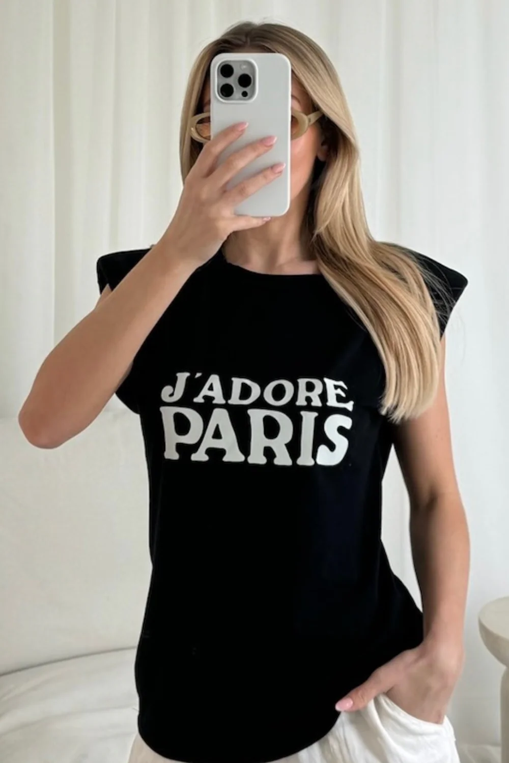 J'adore paris printed black shoulder pad t-shirt