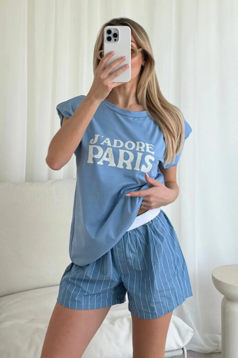 J'adore paris printed blue shoulder pad t-shirt