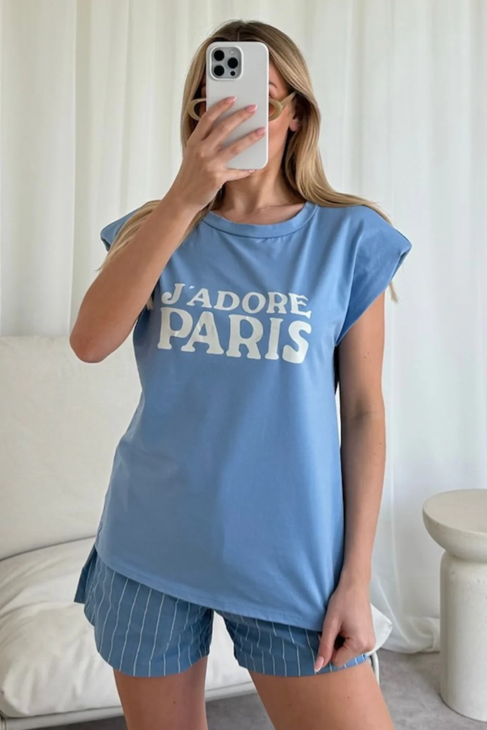J'adore paris printed blue shoulder pad t-shirt - Image 2
