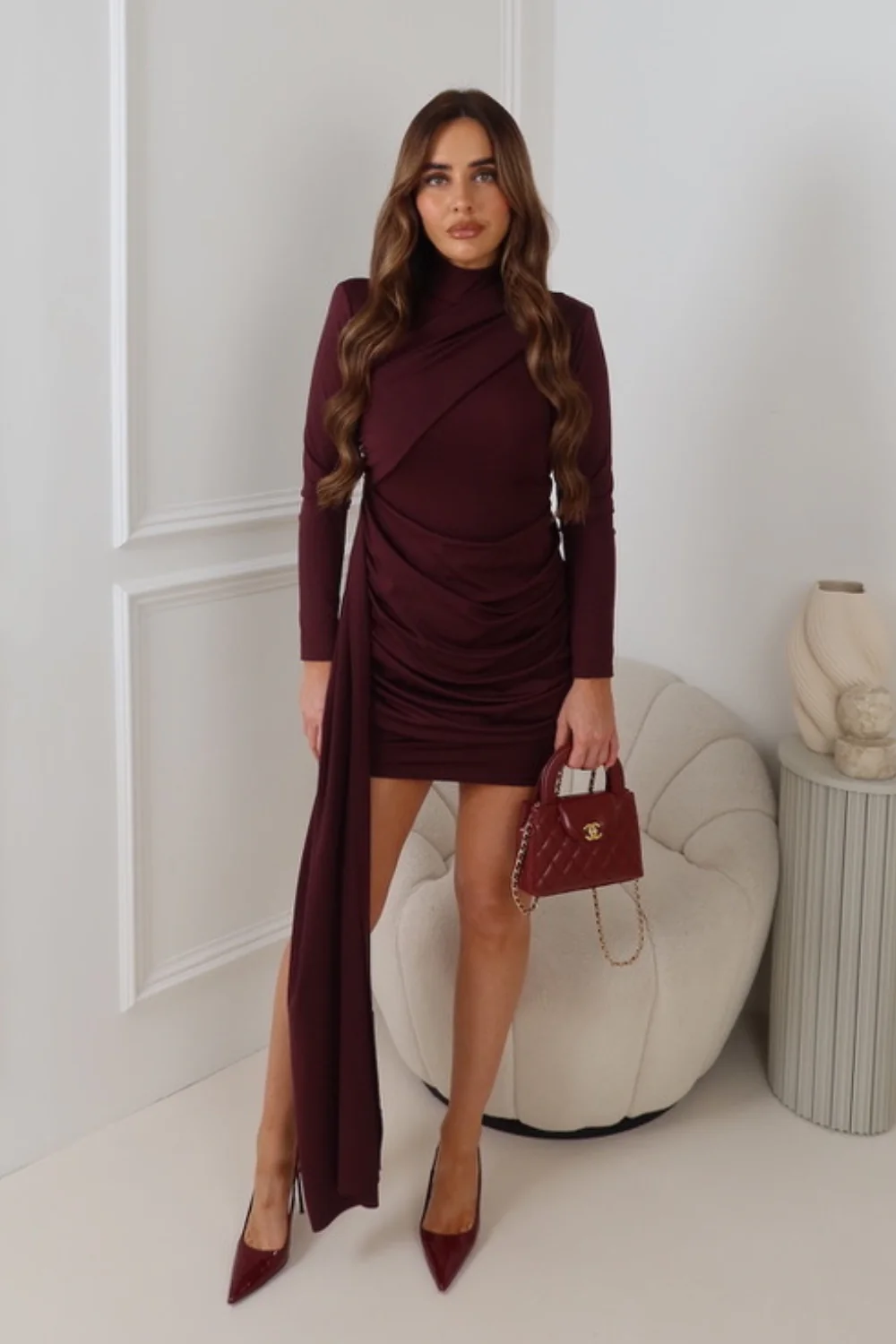 JANEL DARK CHERRY DRAPE HIGH NECK LONG SLEEVE DRESS - Image 3