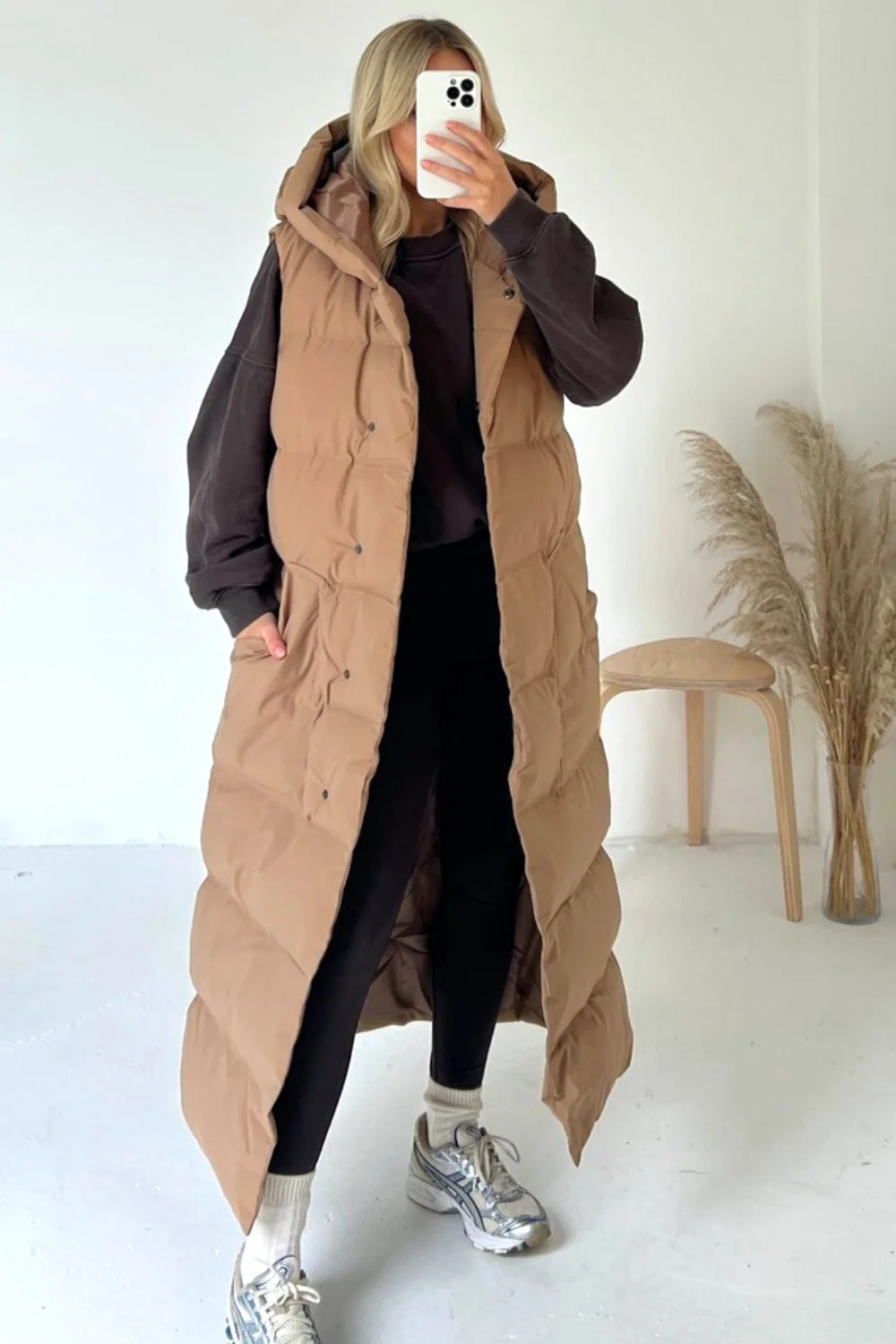 Jasmine Camel padded long hooded gilet - Image 2