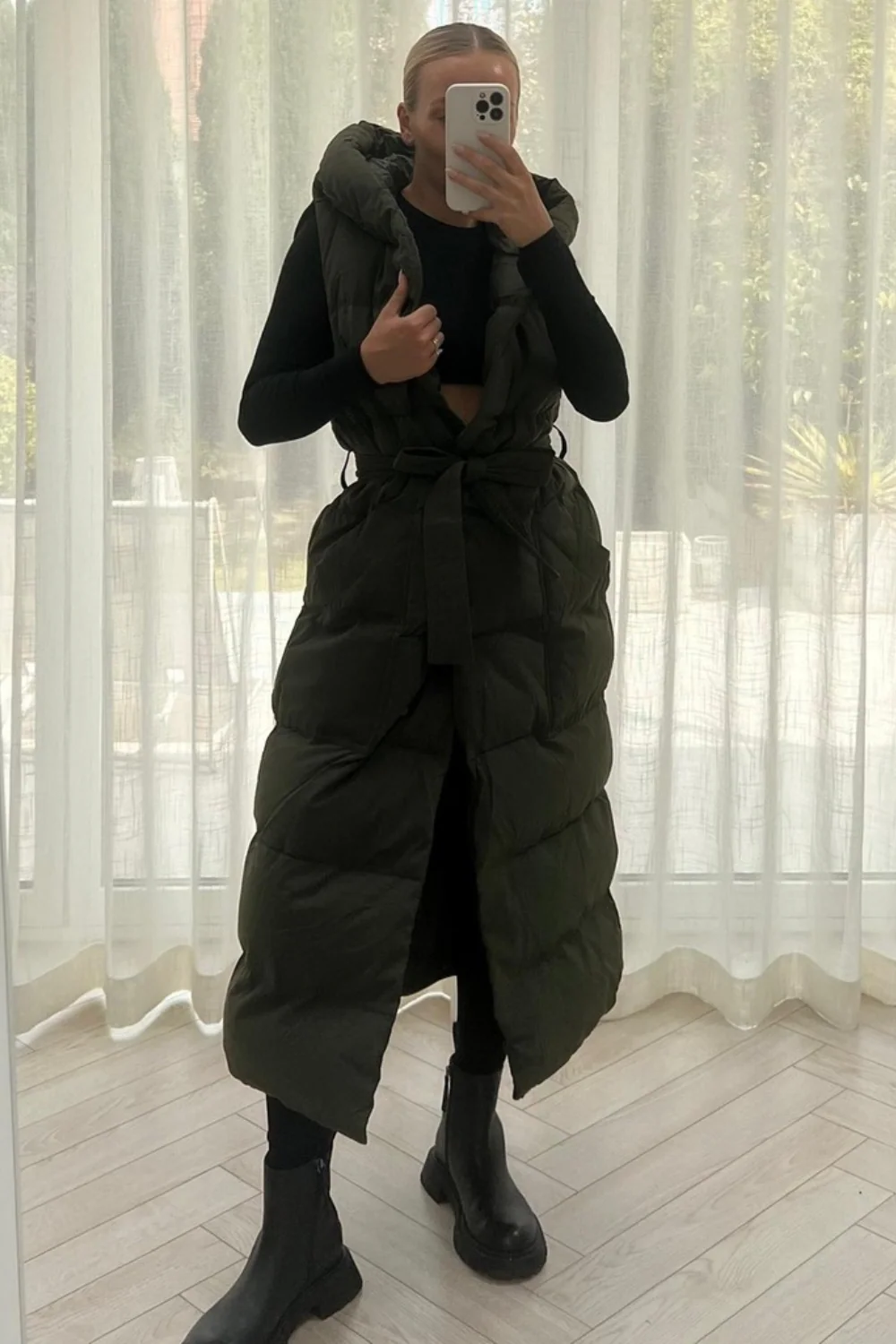 Jasmine khaki padded long hooded gilet - Image 3