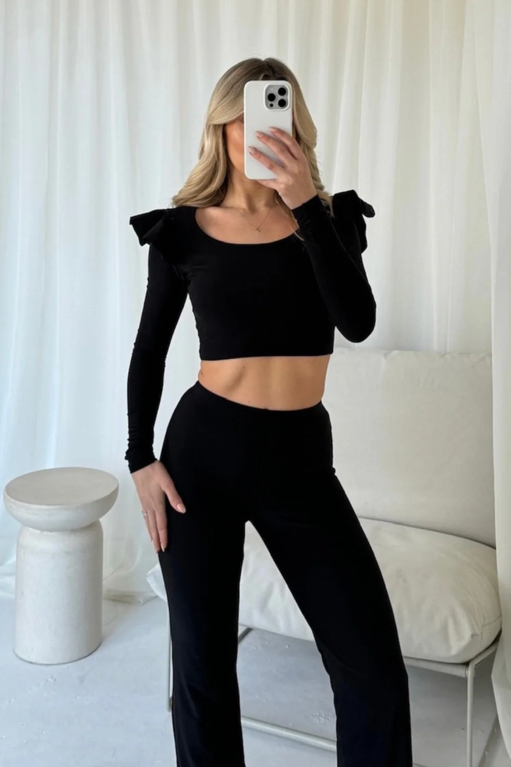 Jayden black frill shoulder top and trouser co-ord - Image 3