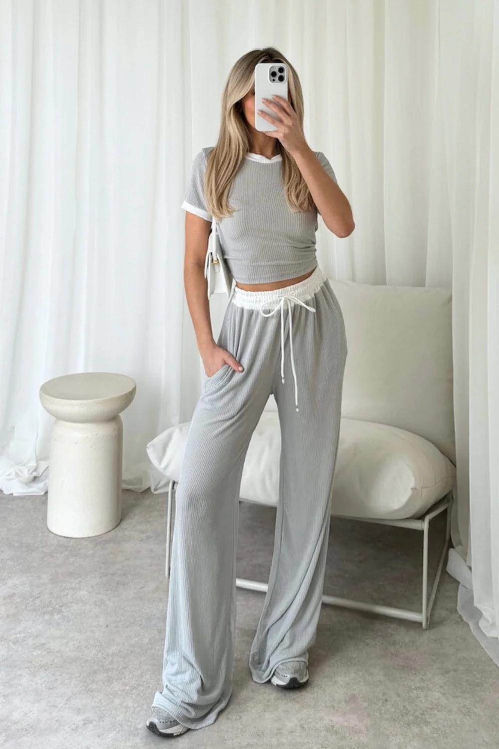 Jayden grey contrast waistband pants and crop top co-ord - Image 2