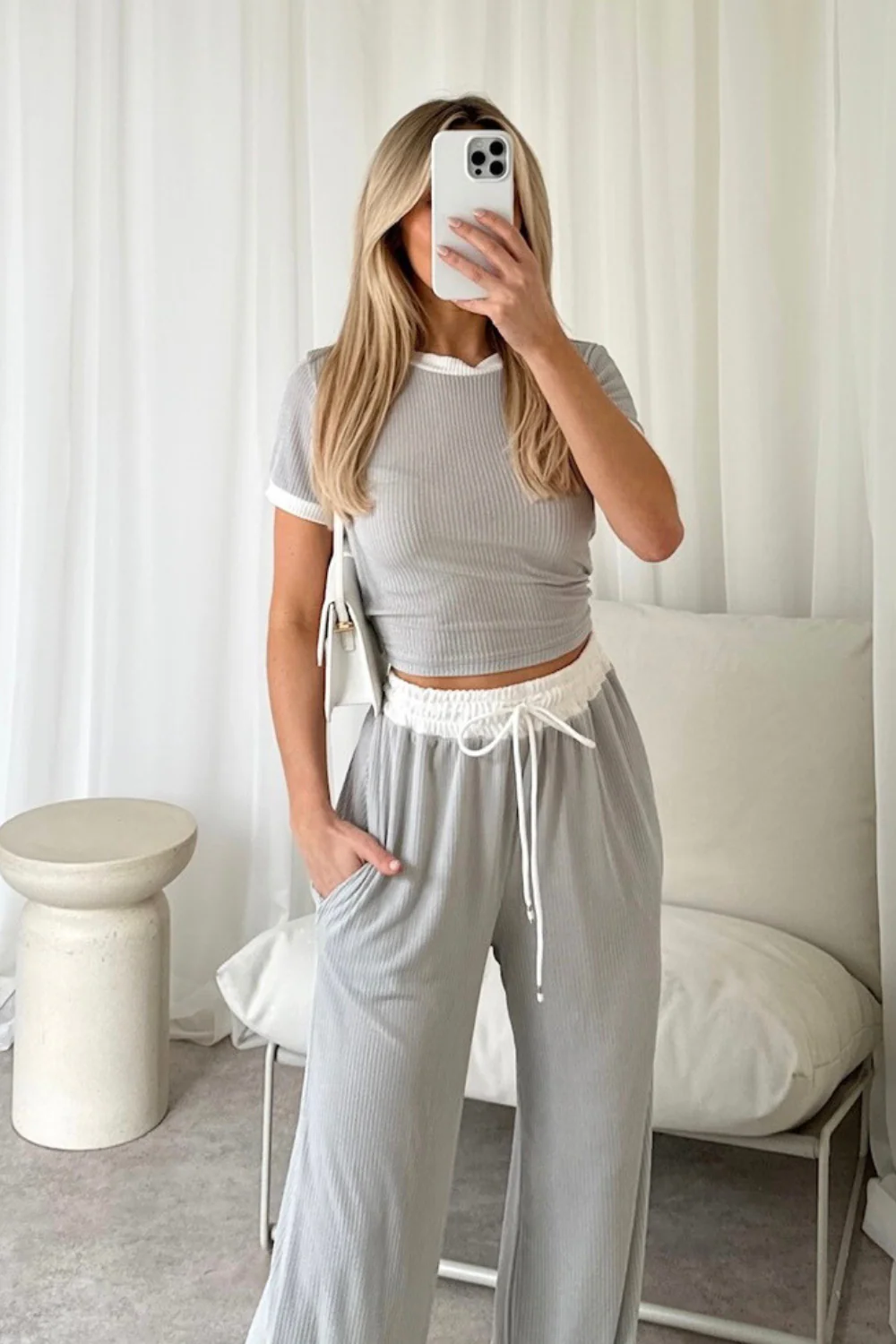 Jayden grey contrast waistband pants and crop top co-ord - Image 3