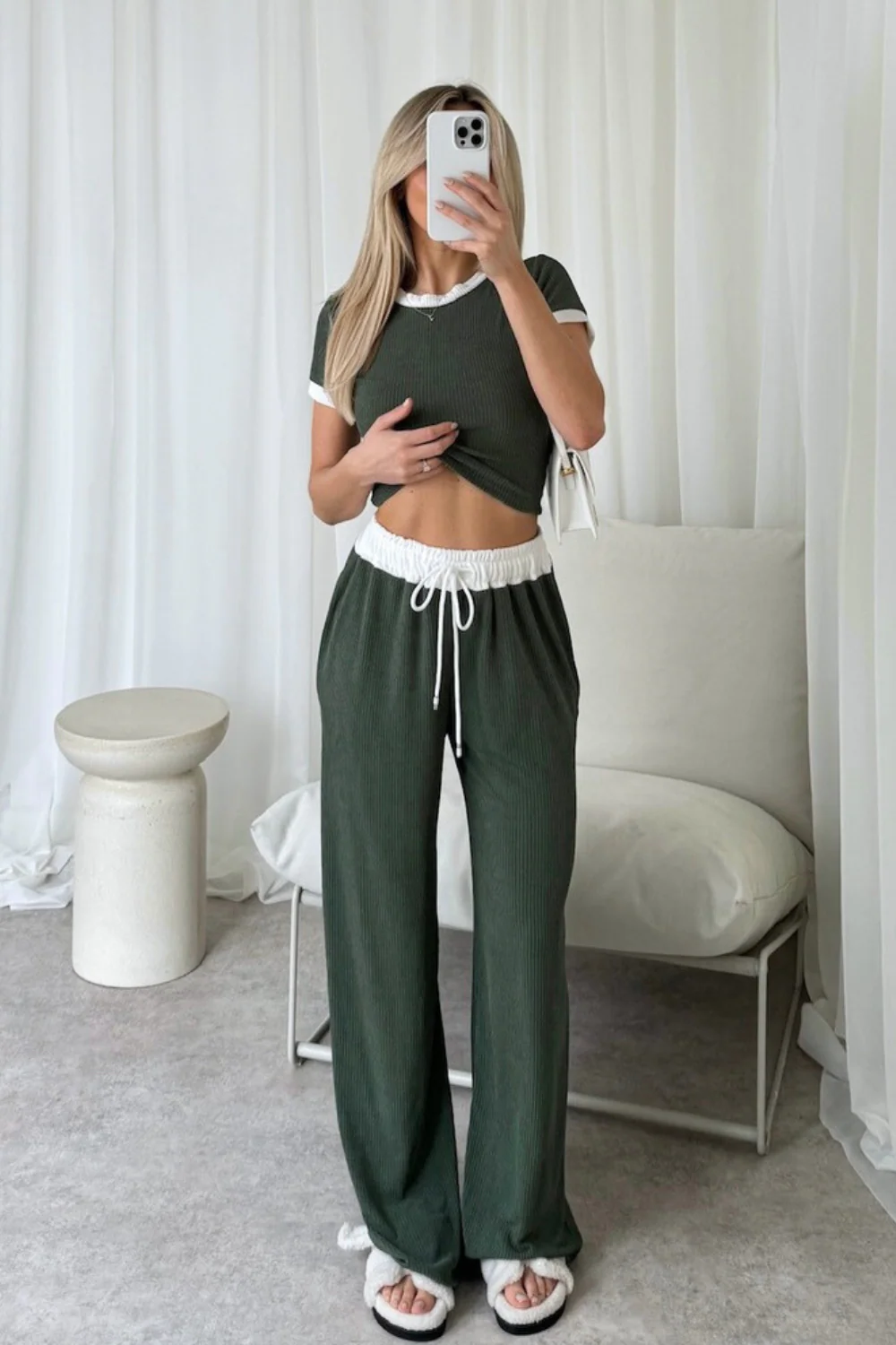 Jayden khaki contrast waistband pants and crop top co-ord - Image 3