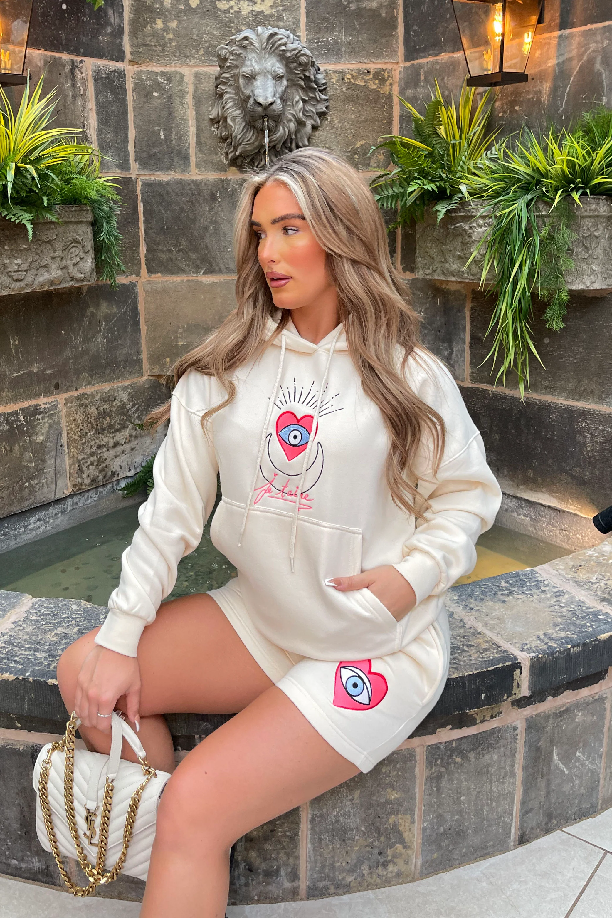 Je Taime Ecru Hoodie Embroidered short loungewear set - Image 2