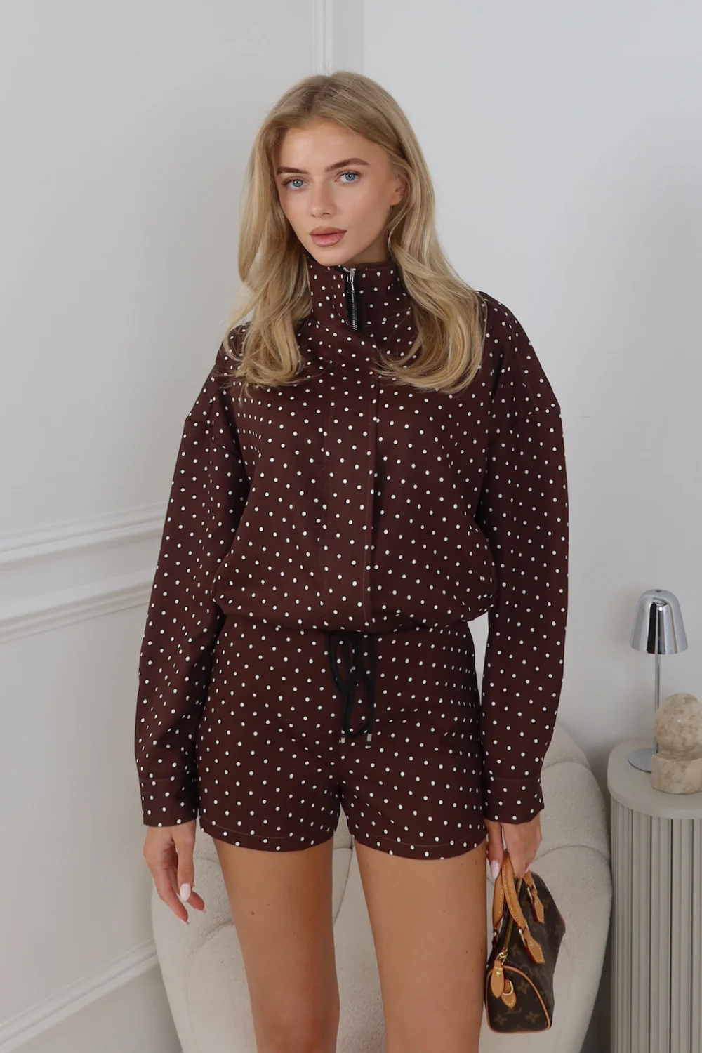 JESSICA CHOCOLATE POLKA DOT JACKET AND SHORTS CO ORD TWO PIECE SET - Image 2