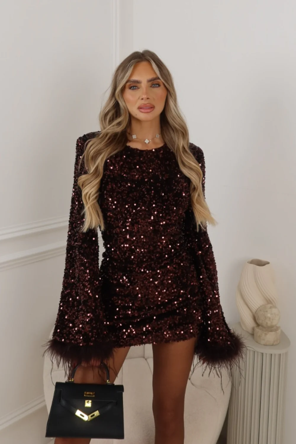 JESSICA CHOCOLATE SEQUIN LONG SLEEVE FEATHER CUFF DRESS - Image 3