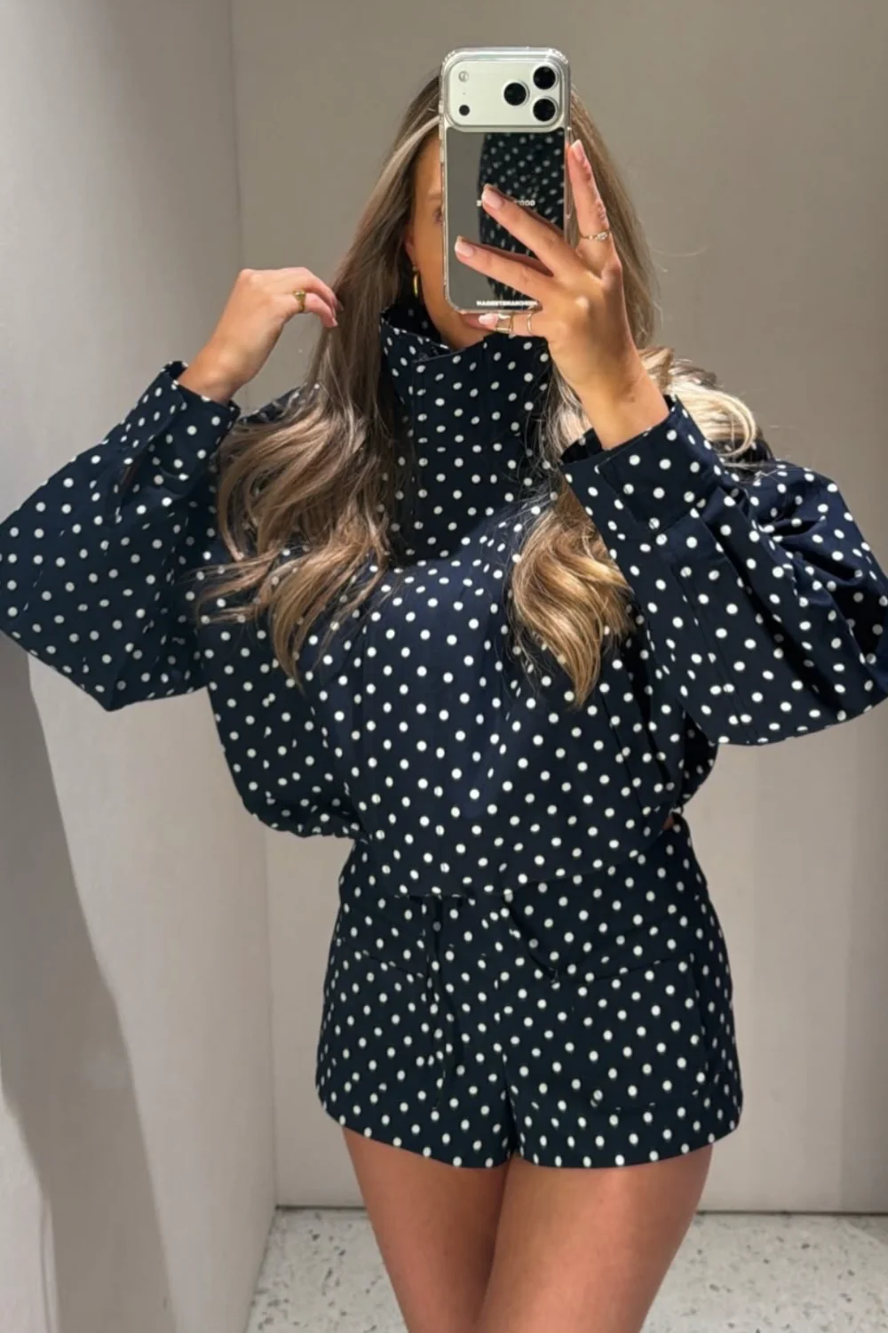 JESSICA NAVY POLKA DOT JACKET AND SHORTS CO ORD TWO PIECE SET