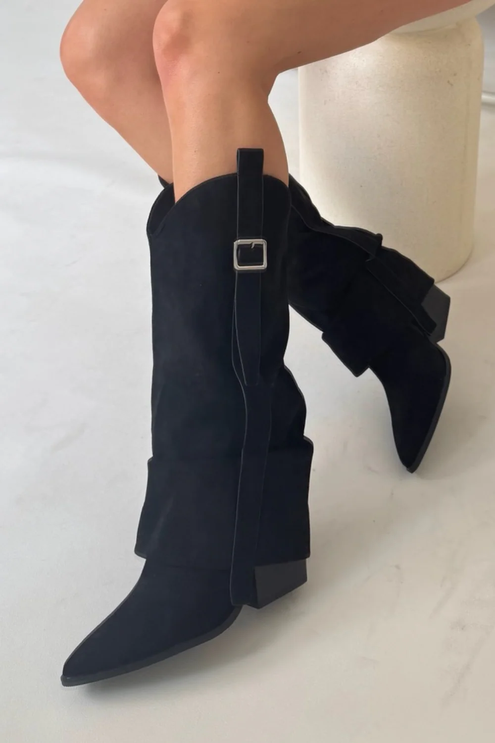 Joely black ruched heeled cowboy boots - Image 2