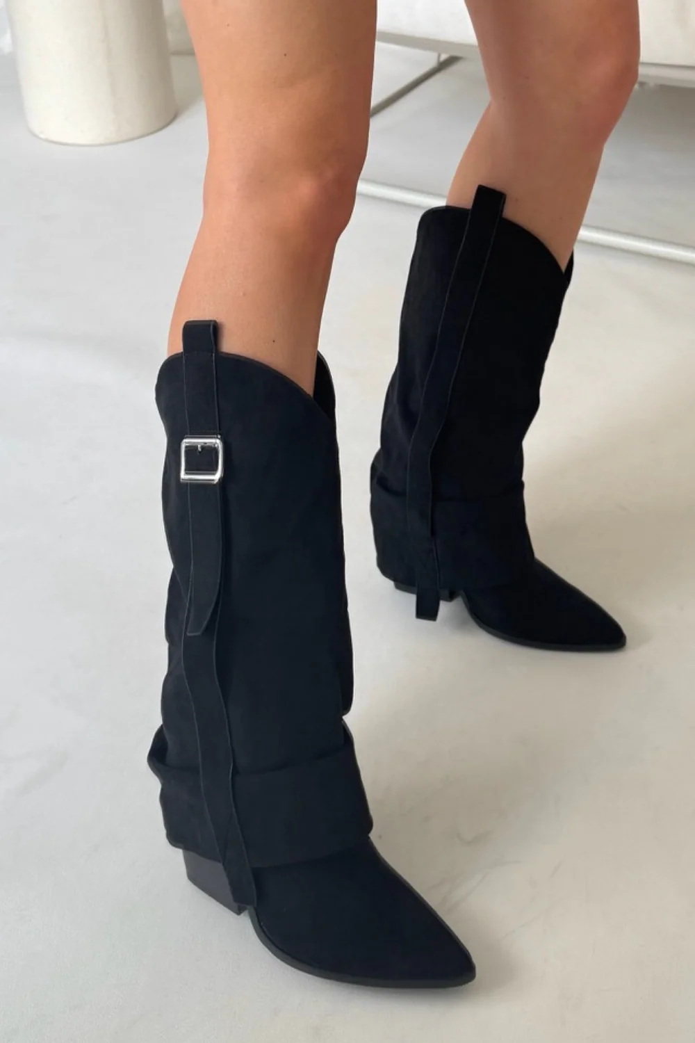 Joely black ruched heeled cowboy boots - Image 3