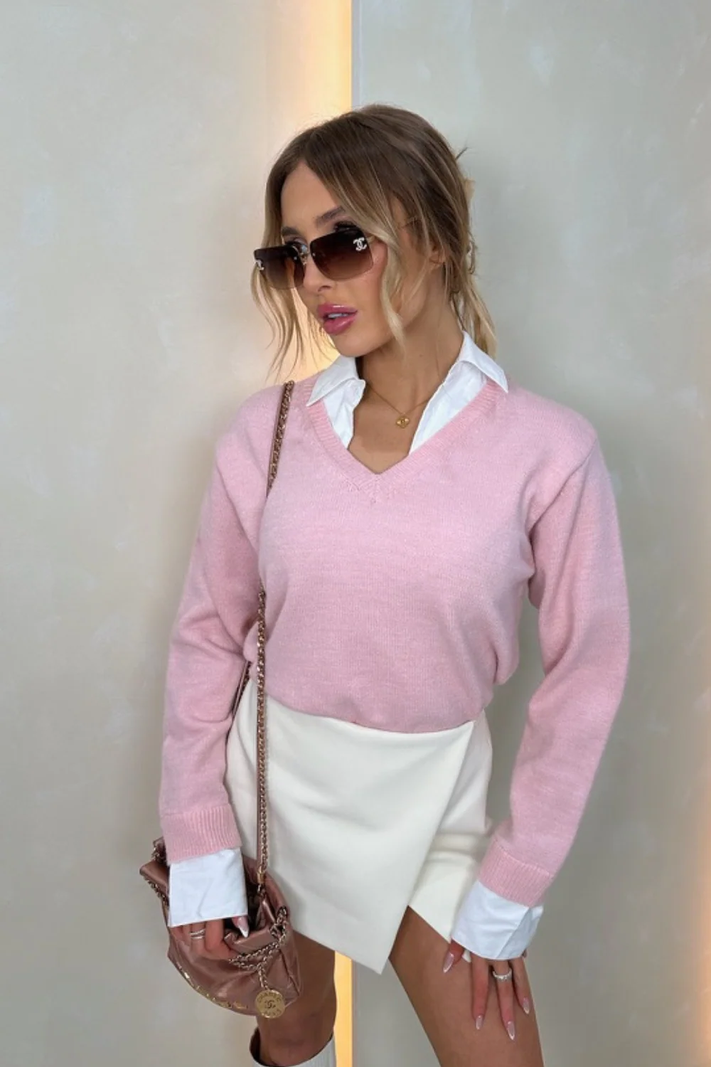Josie pink faux shirt knitted jumper - Image 2