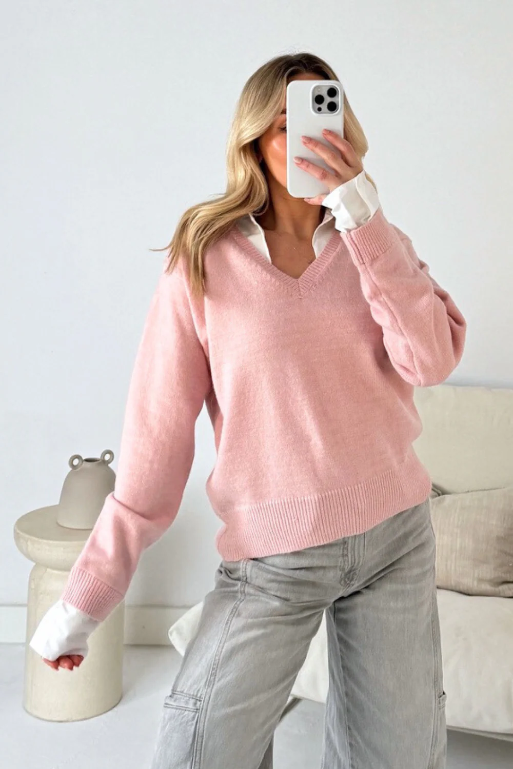 Josie pink faux shirt knitted jumper - Image 3