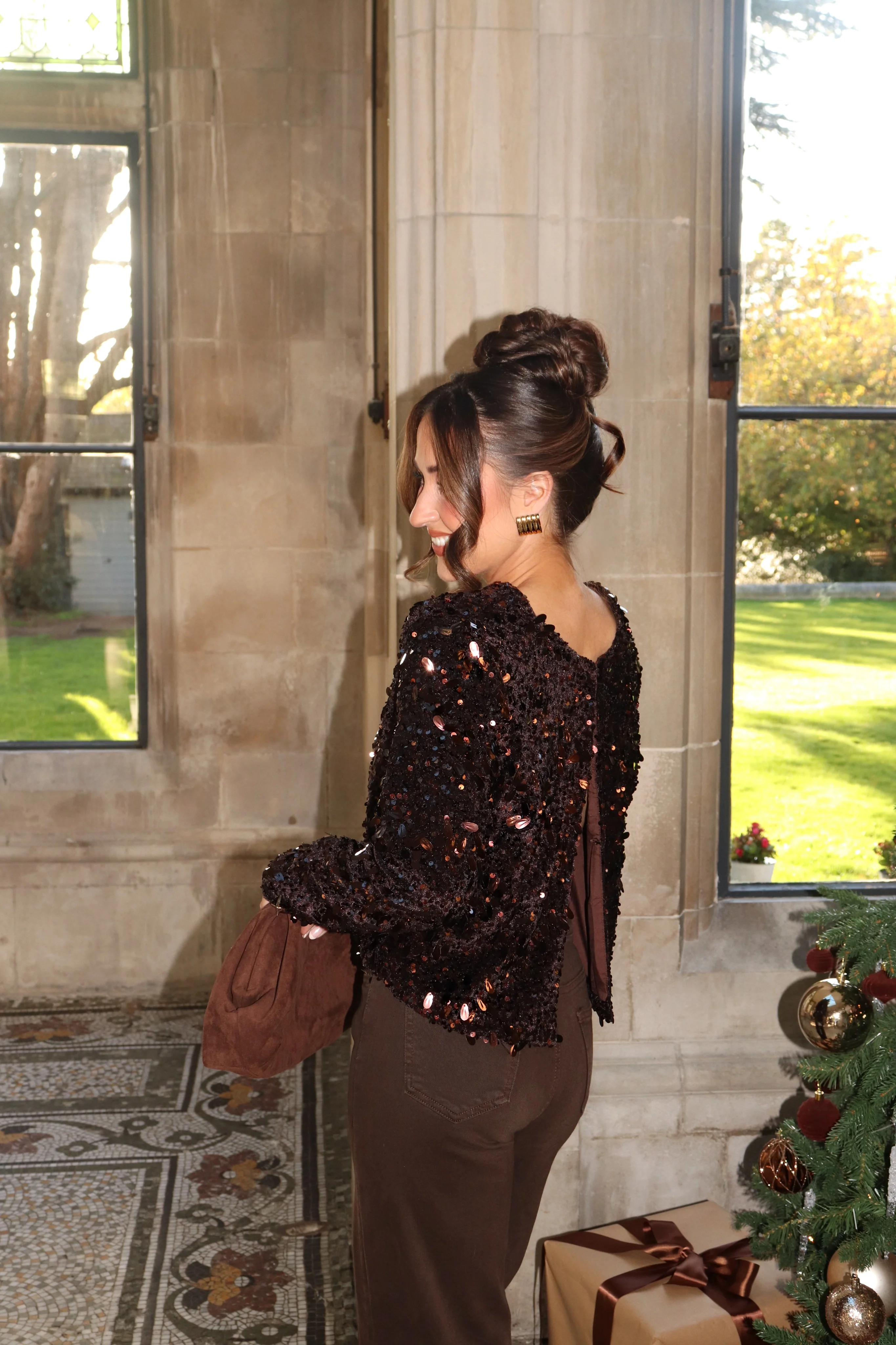 JUNE CHOCOLATE SEQUIN OPEN BACK LONG SLEEVE TOP - Image 5
