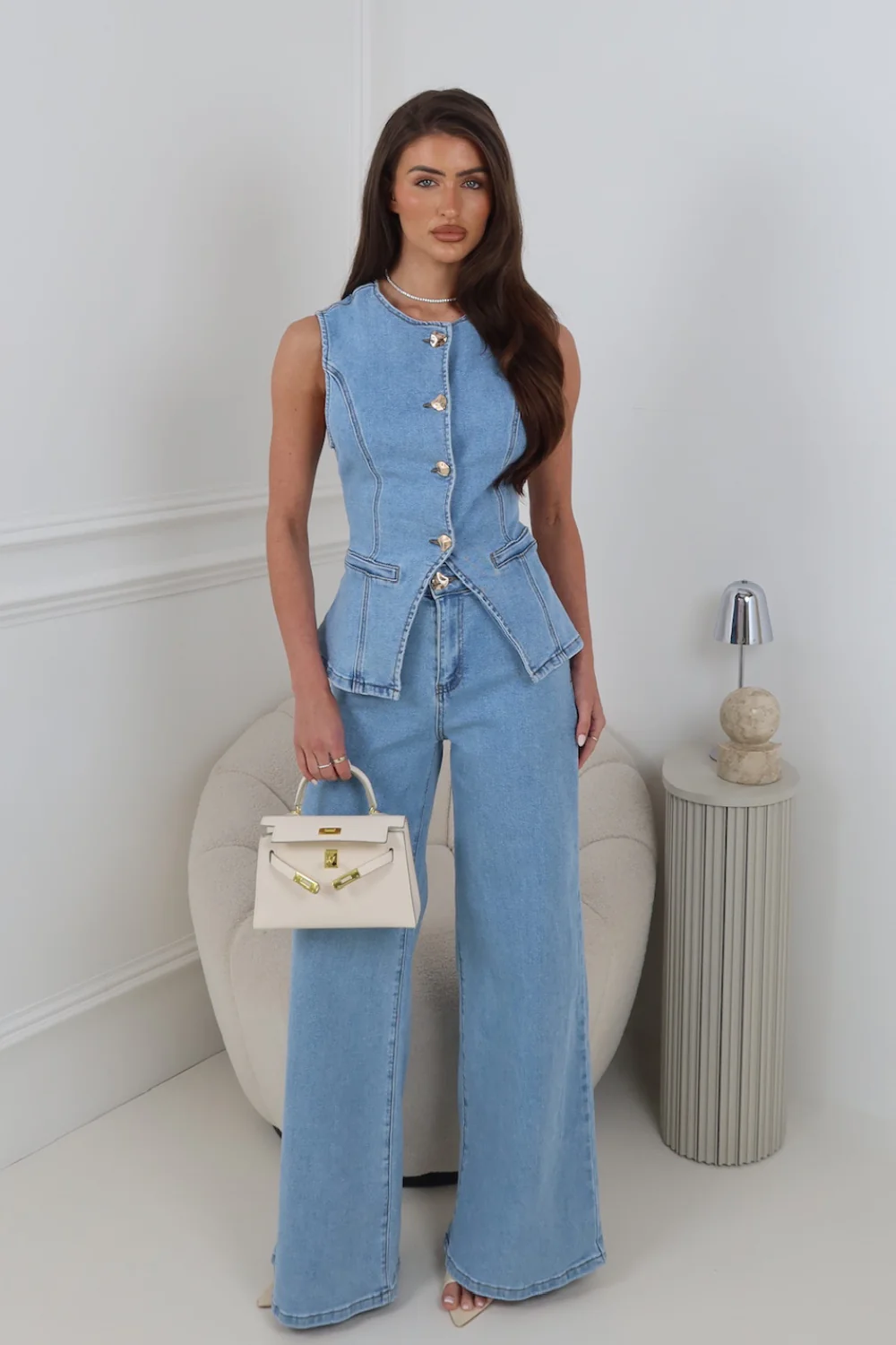JUNIE BLUE DENIM WAISTCOAT AND MATCHING JEANS TWO PIECE SET - Image 3