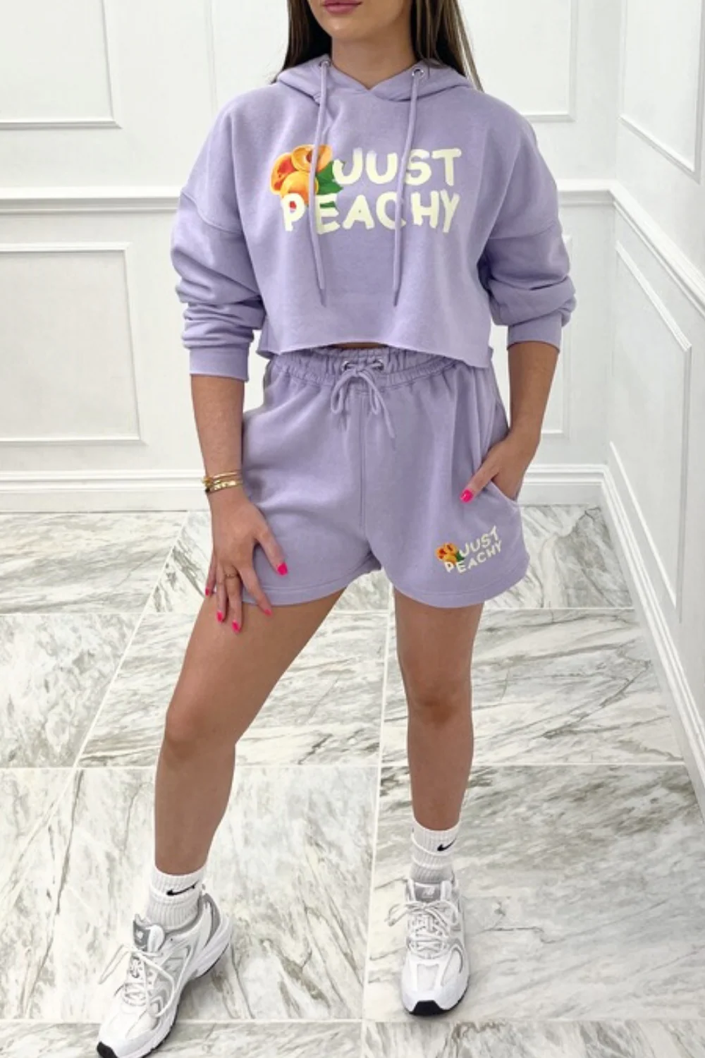 just peachy lilac hooded cropped short loungewear set - Image 2