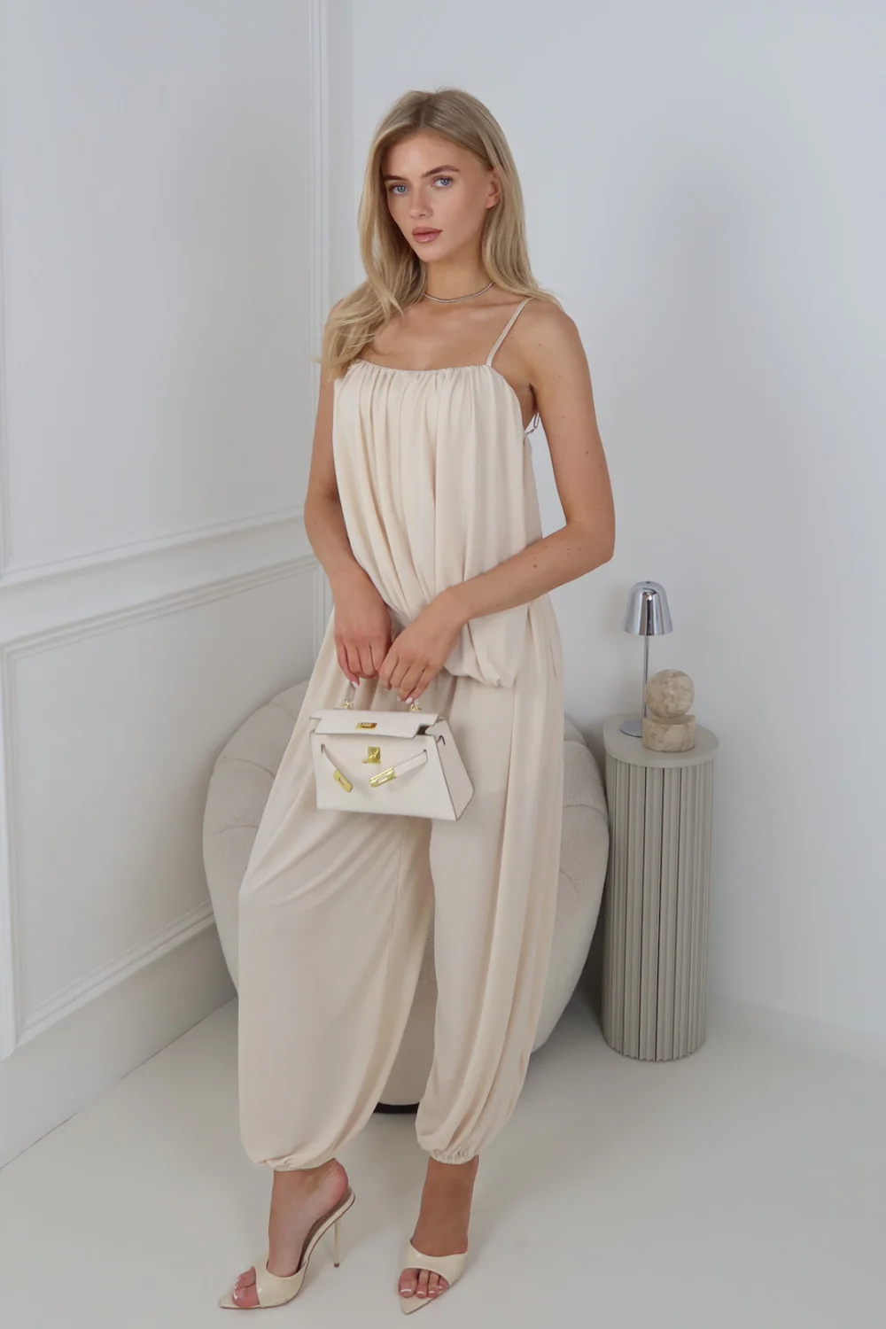 KAI CREAM STRAPPY DRAPE TOP AND MATCHING PANTS CO ORD TWO PIECE SET