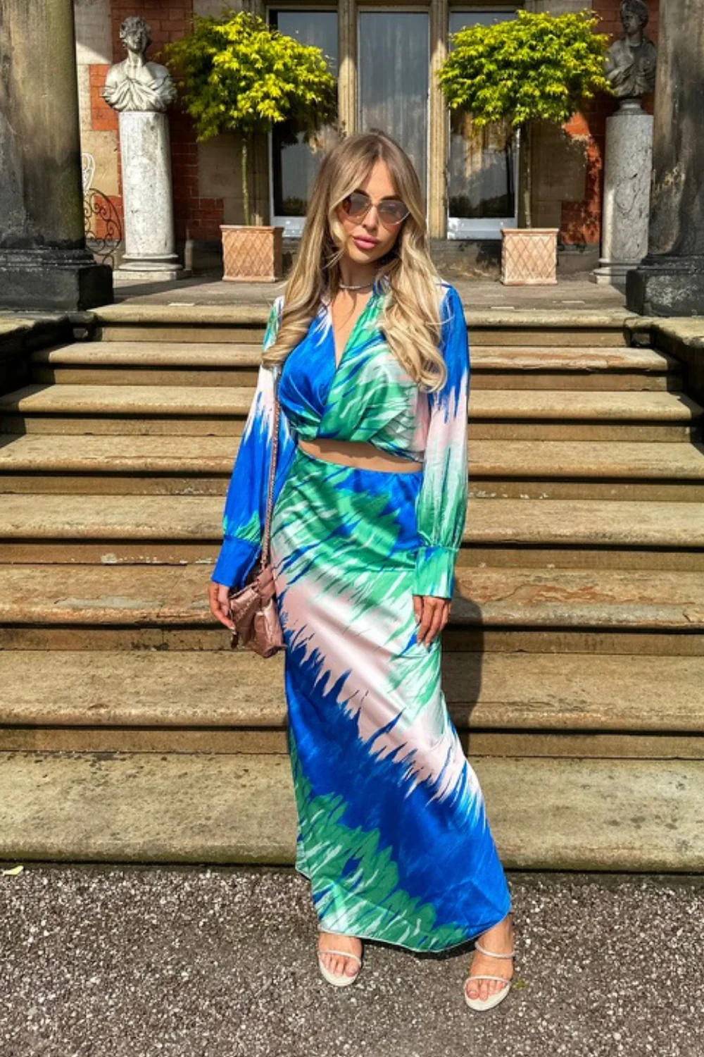 Kalli blue and green satin blouse and maxi skirt co-ord - Image 2