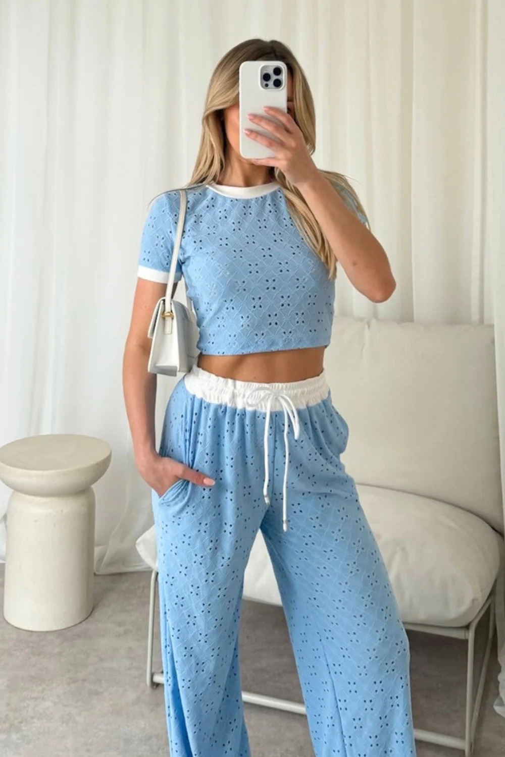 Kalli blue contrast waistband pants and crop top co-ord - Image 2