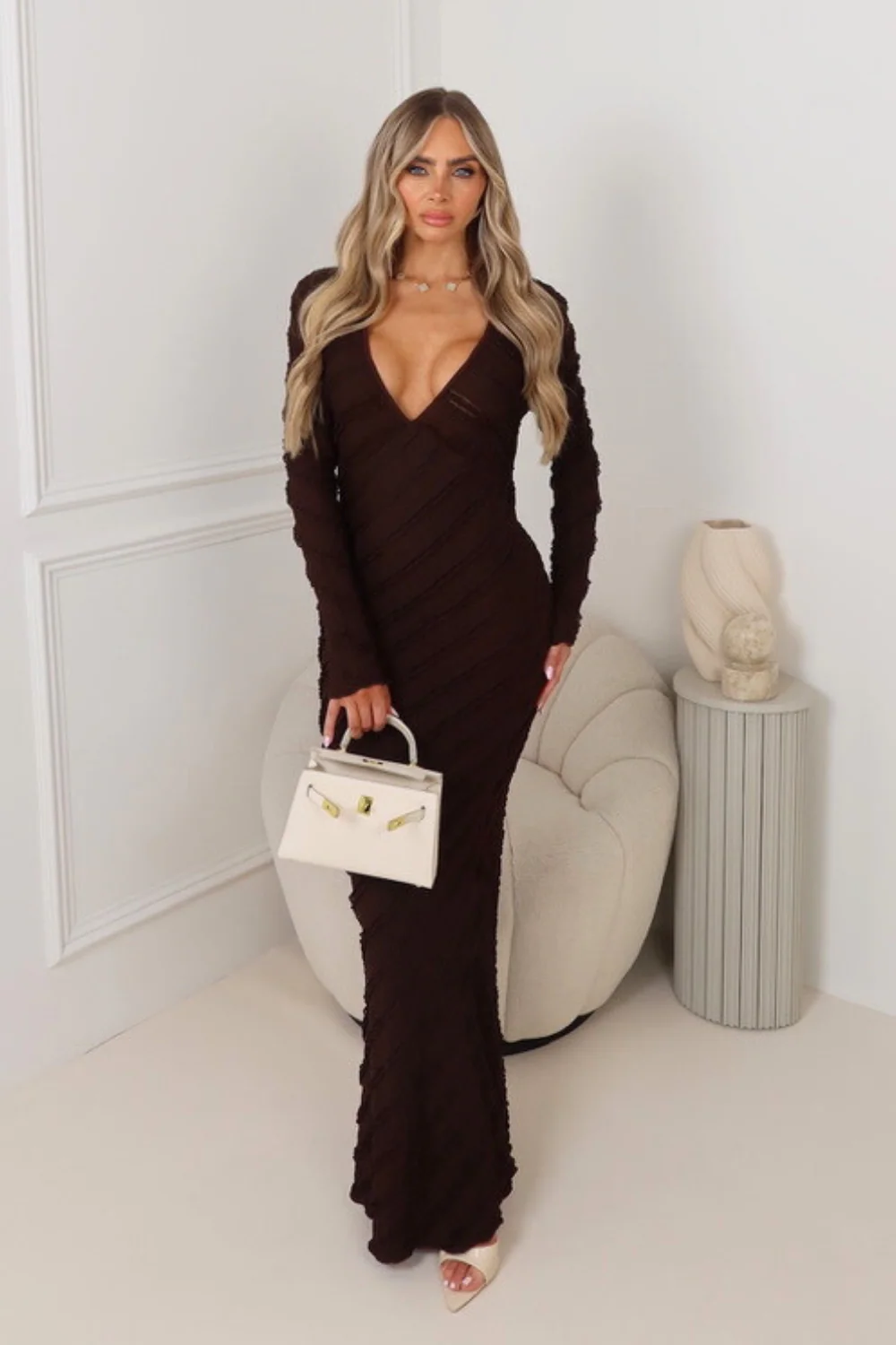 Kalli chocolate crinkle lace maxi dress