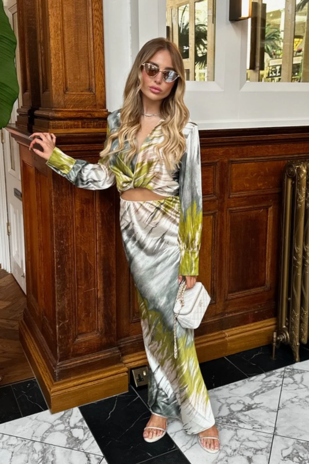 Kalli khaki satin blouse and midi skirt co-ord - Image 2