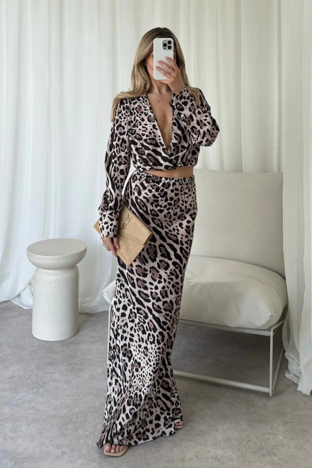 Kalli leopard satin blouse and midi skirt co-ord - Image 3