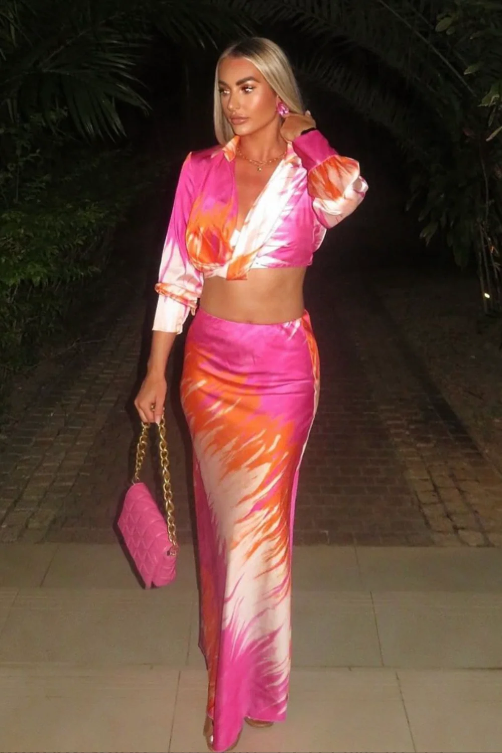 Kalli pink and orange satin blouse and midi skirt co-ord - Image 2