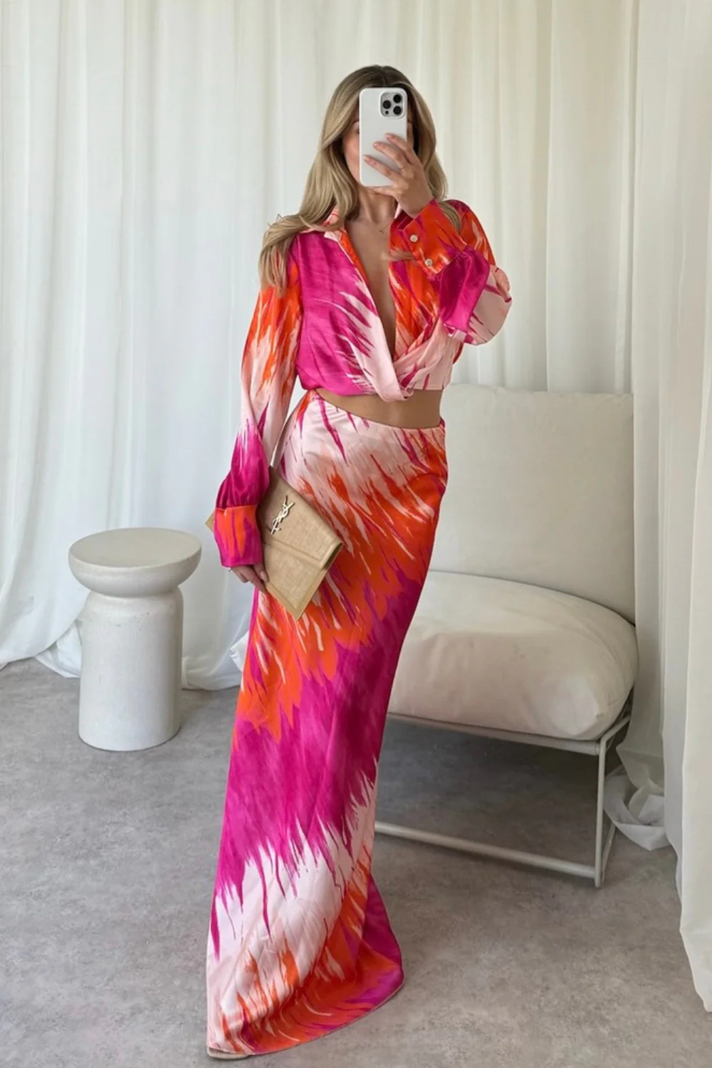 Kalli pink and orange satin blouse and midi skirt co-ord - Image 3