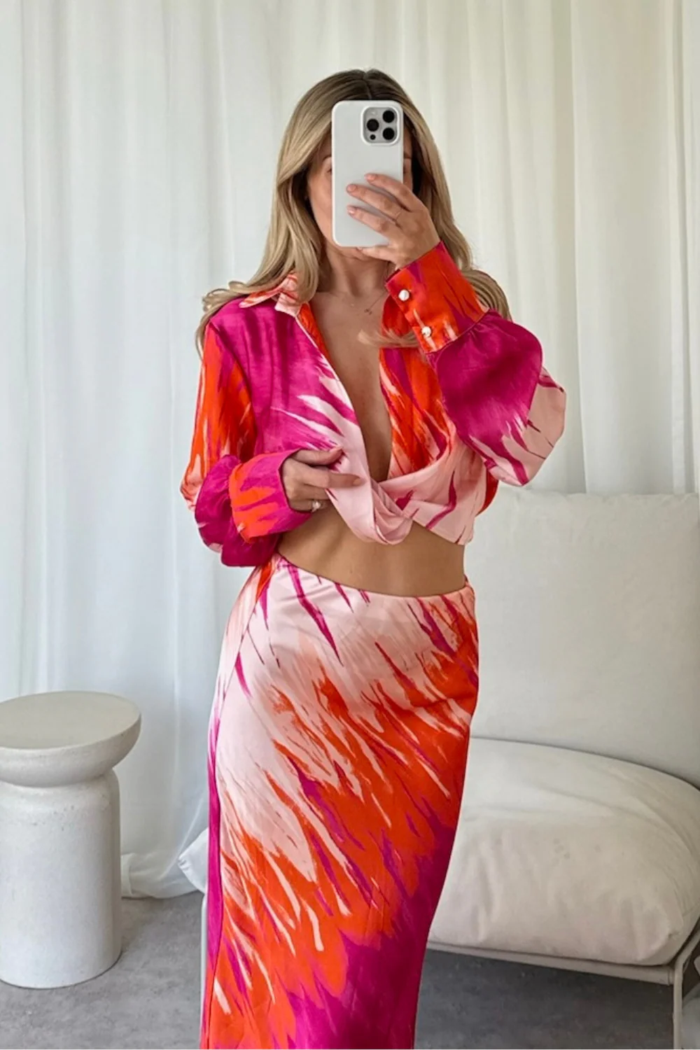 Kalli pink and orange satin blouse and midi skirt co-ord - Image 4