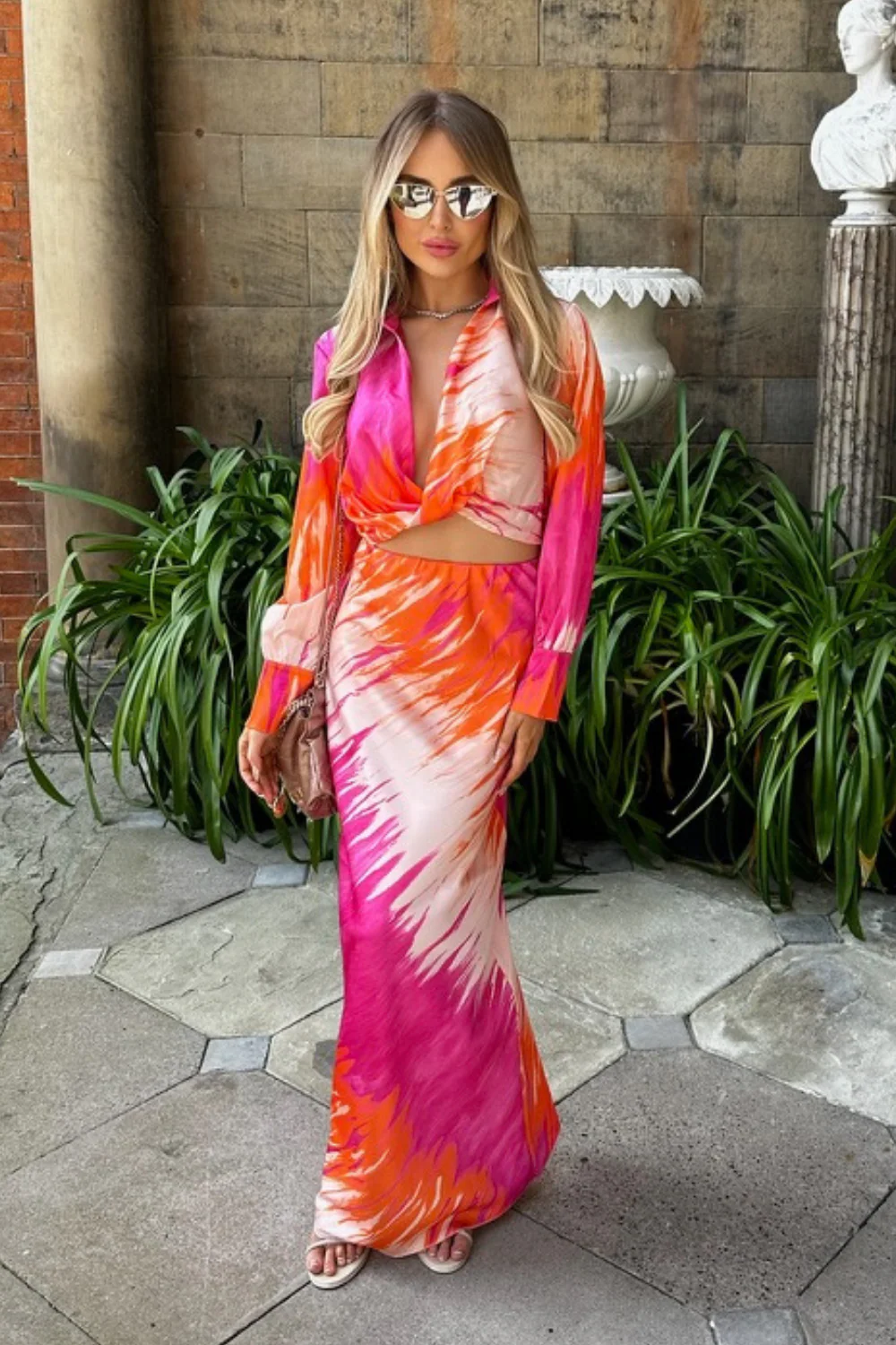 Kalli pink and orange satin blouse and midi skirt co-ord - Image 5