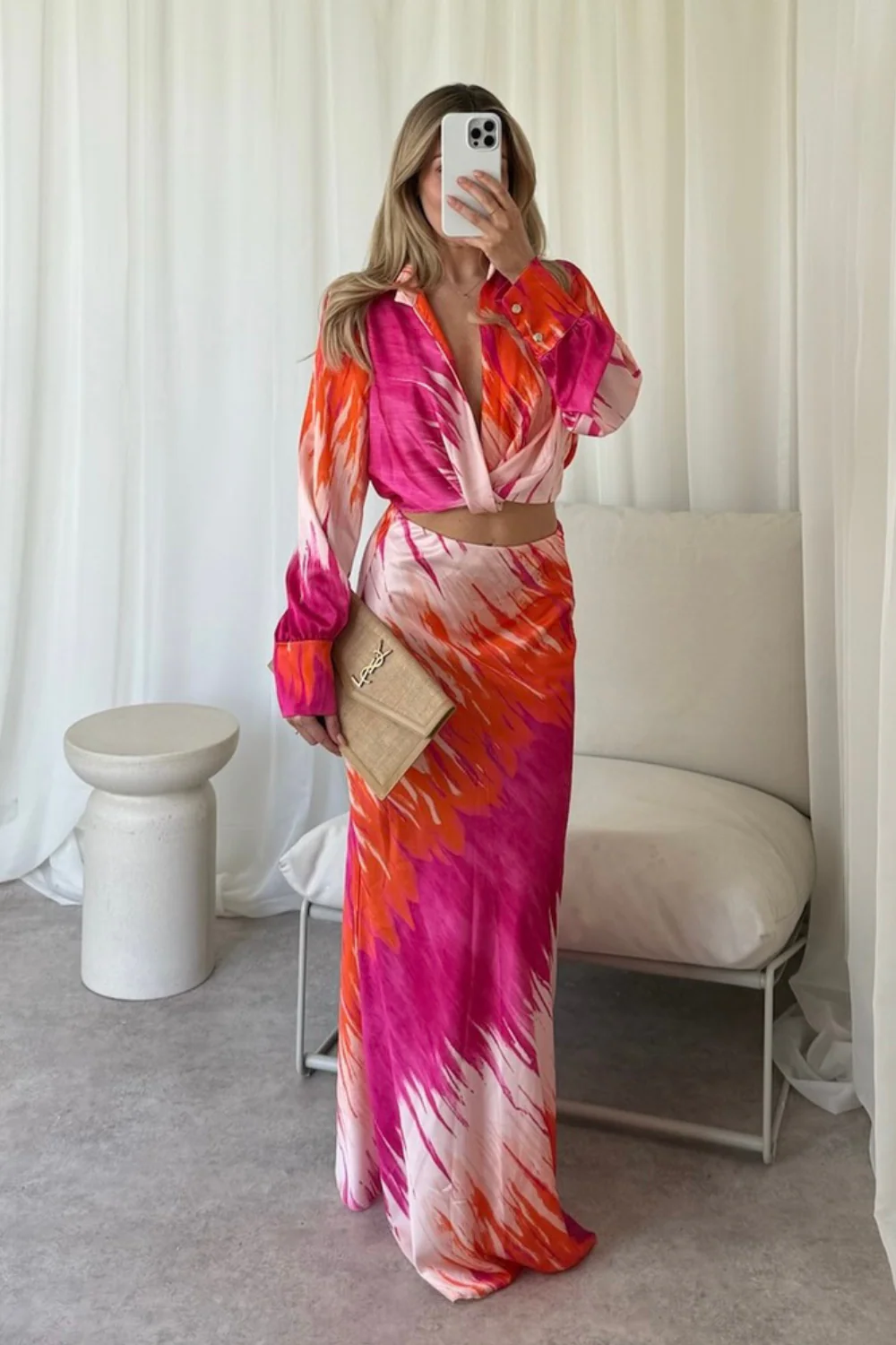 Kalli pink and orange satin blouse and midi skirt co-ord - Image 7