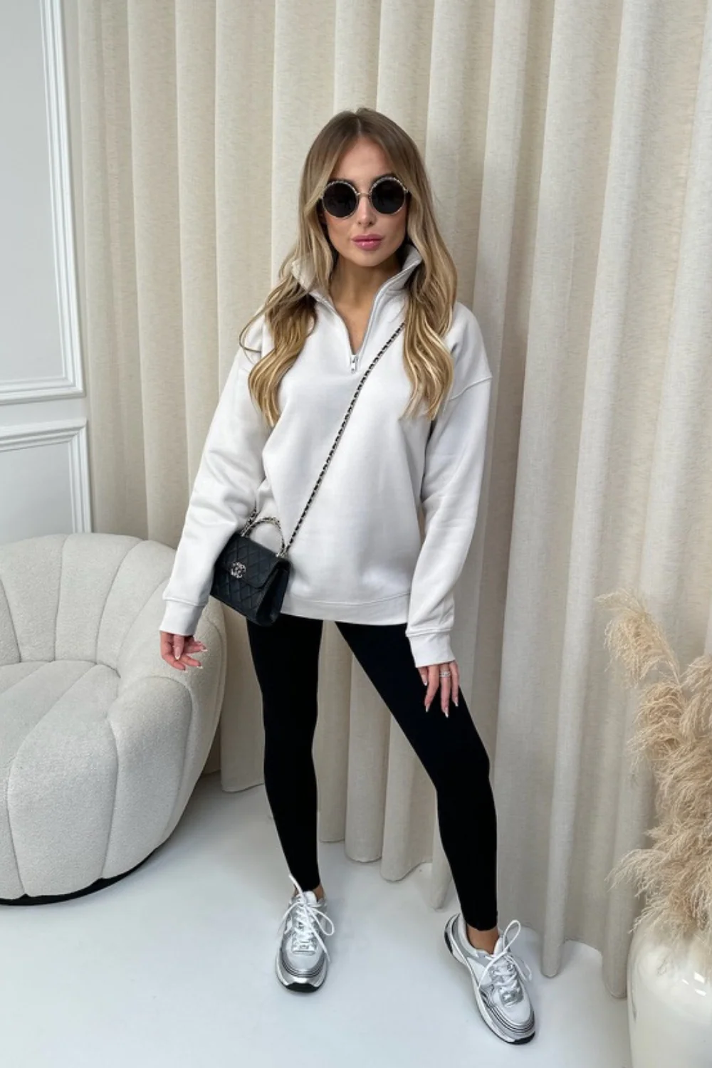 Kallie bone 3/4 sweater and black ribbed legging set - Image 2