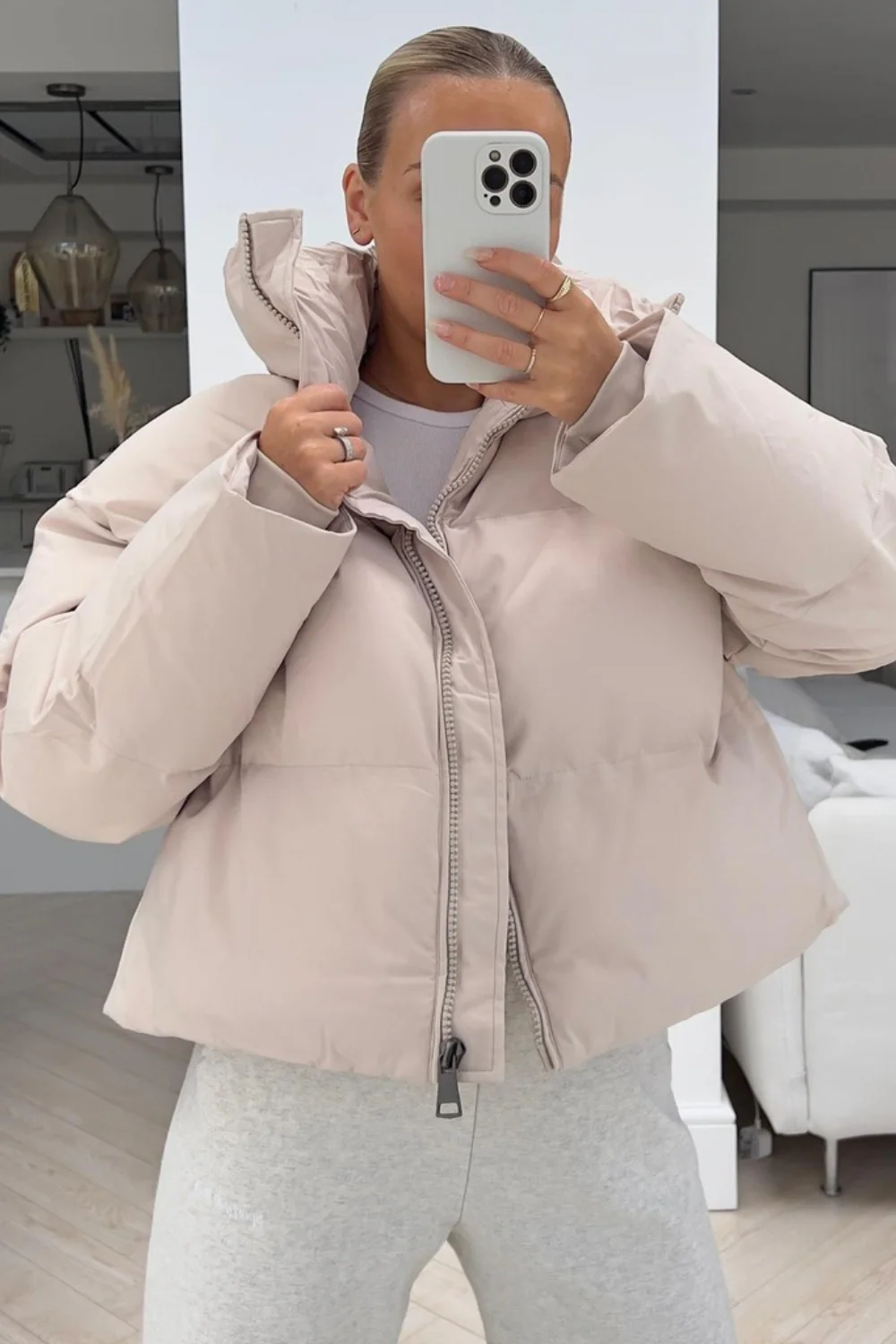 Kara beige crop zip up duvet coat - Image 2