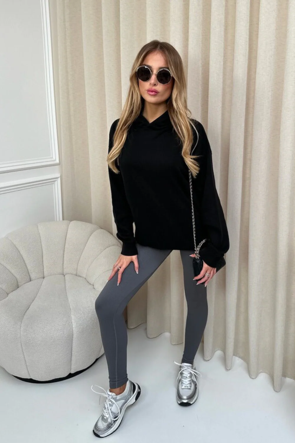 Kendall black hoodie and steel grey ribbed legging set - Image 2