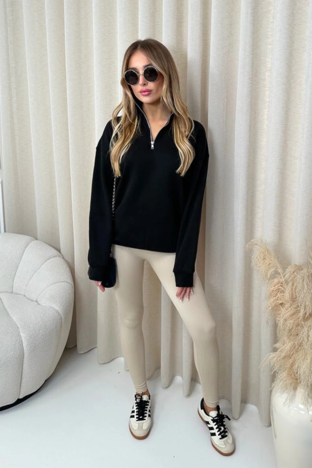Kendall black hoodie and stone ribbed legging set - Image 2