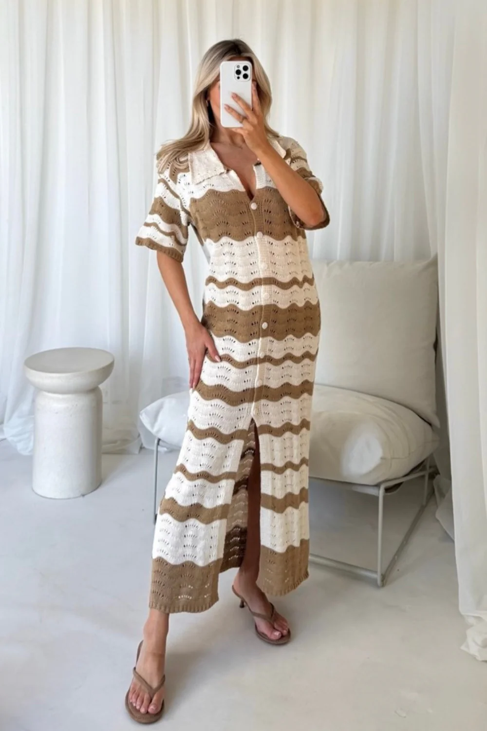 Kerris stone and white wave long crochet cardigan - Image 2