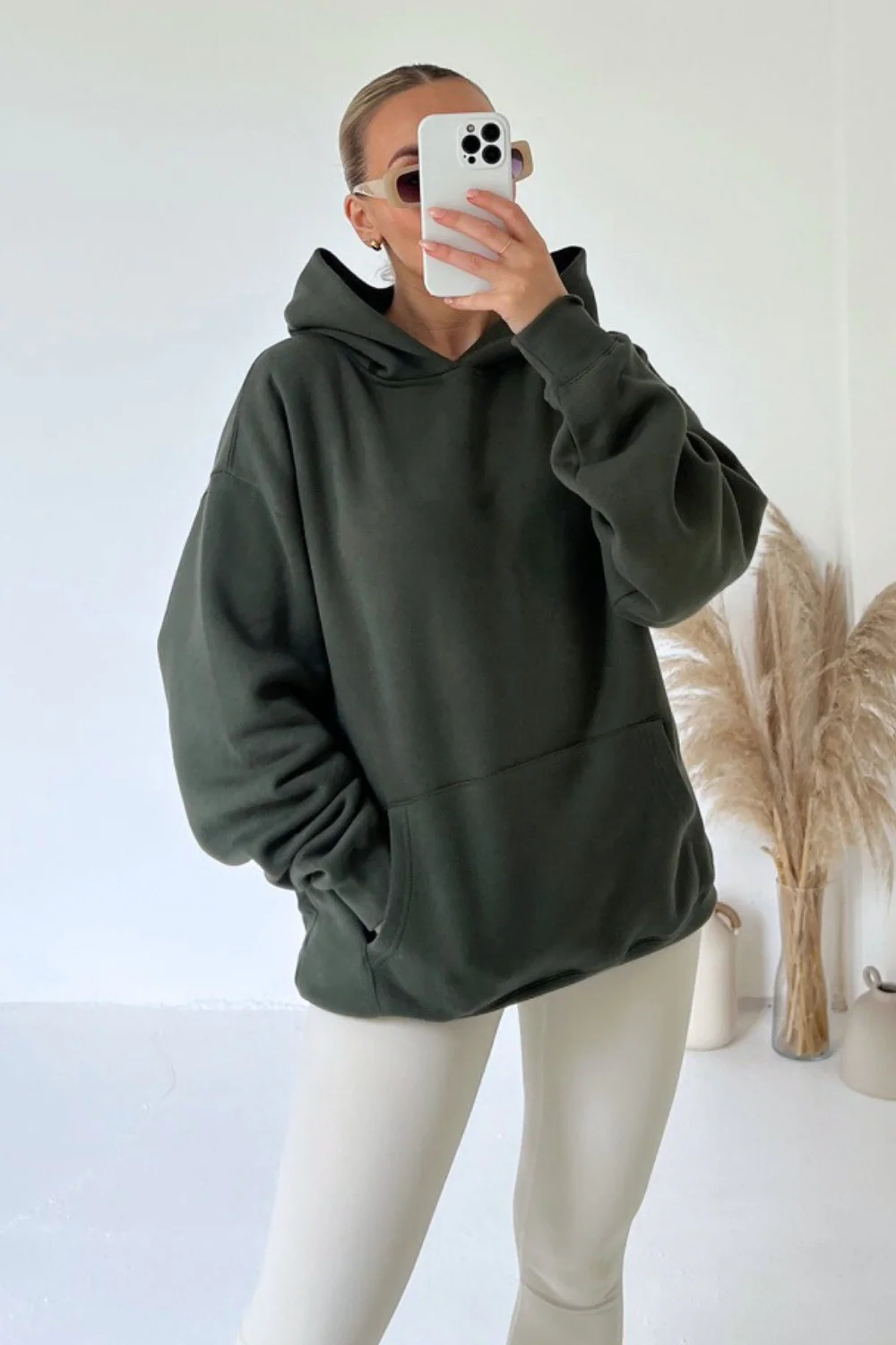 Khaki oversized kangaroo pocket hoodie premium essentials - Image 2