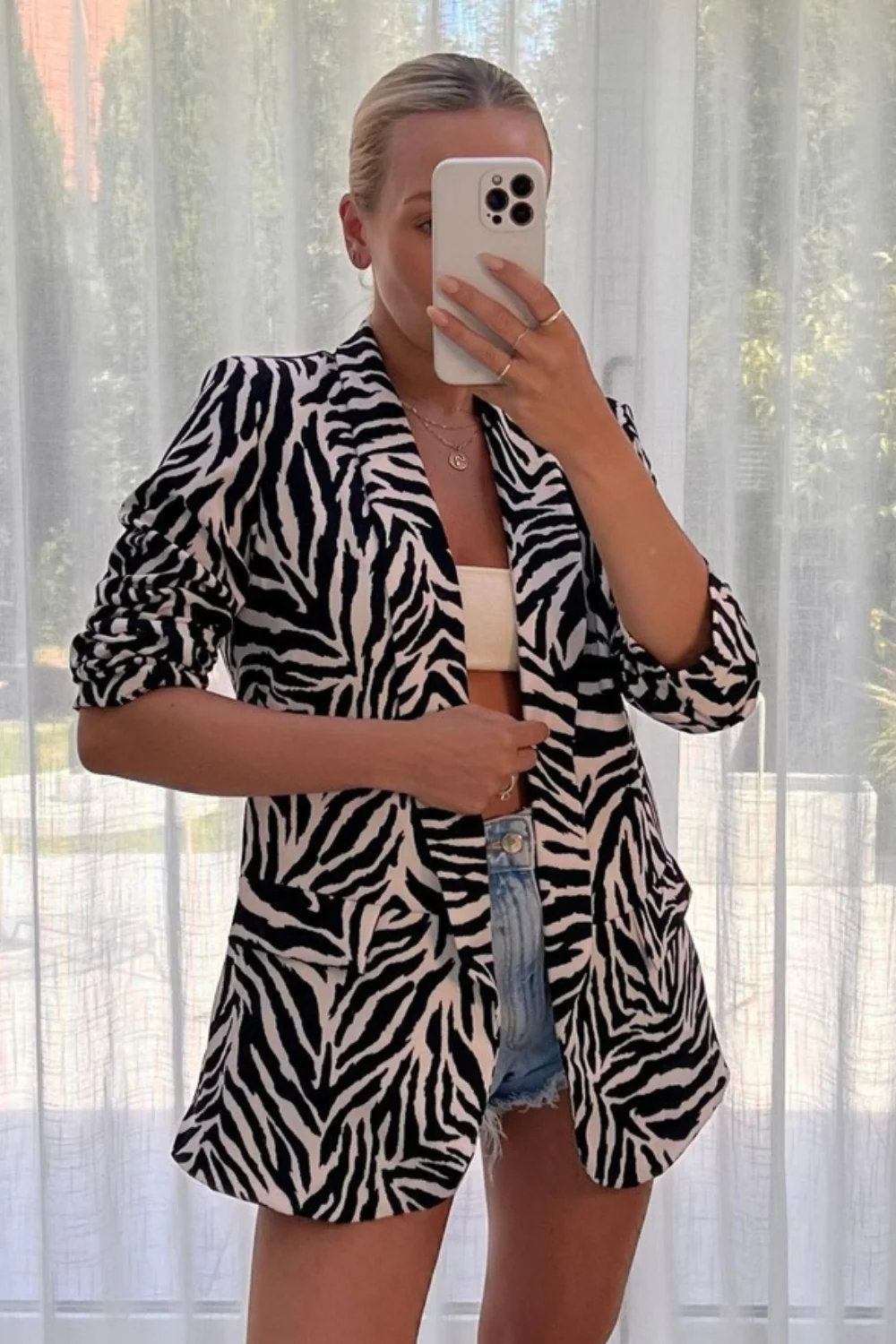 Kiaya Black & white zebra print ruched sleeve blazer - Image 2