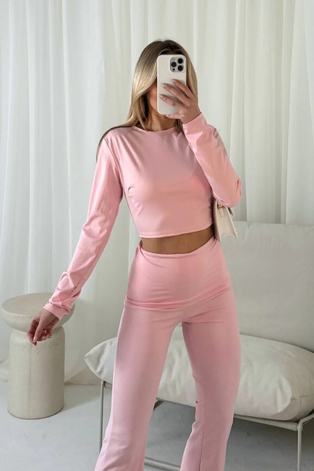 Kiera baby pink long sleeve top loungewear set - Image 2