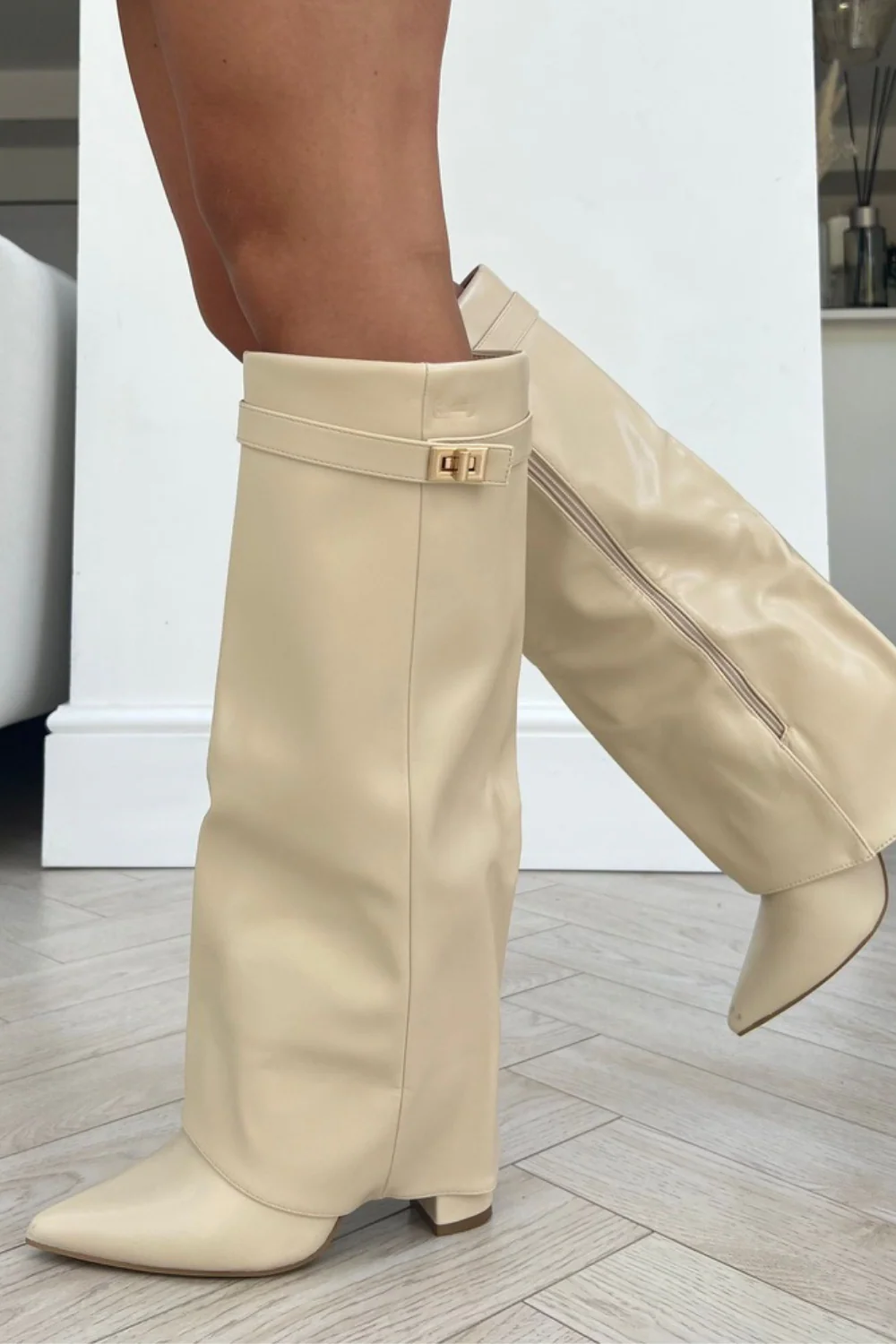 Kimmy beige knee high fold over heel boots - Image 3
