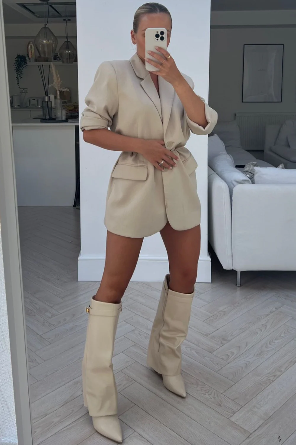 Kimmy beige knee high fold over heel boots - Image 4