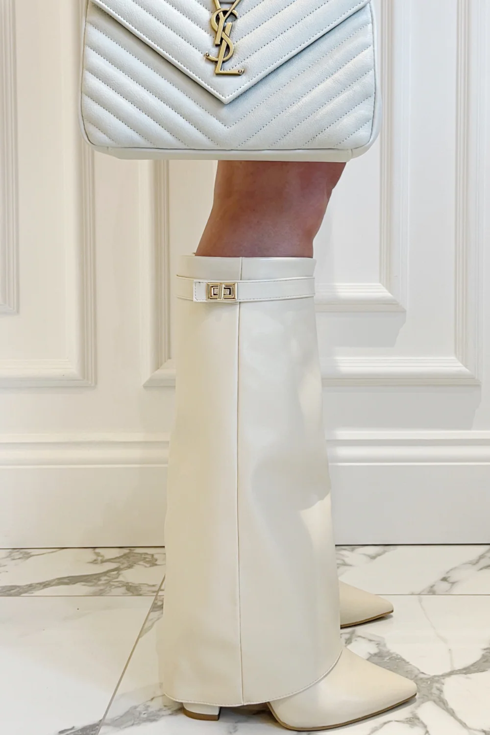 Kimmy beige knee high fold over heel boots - Image 5